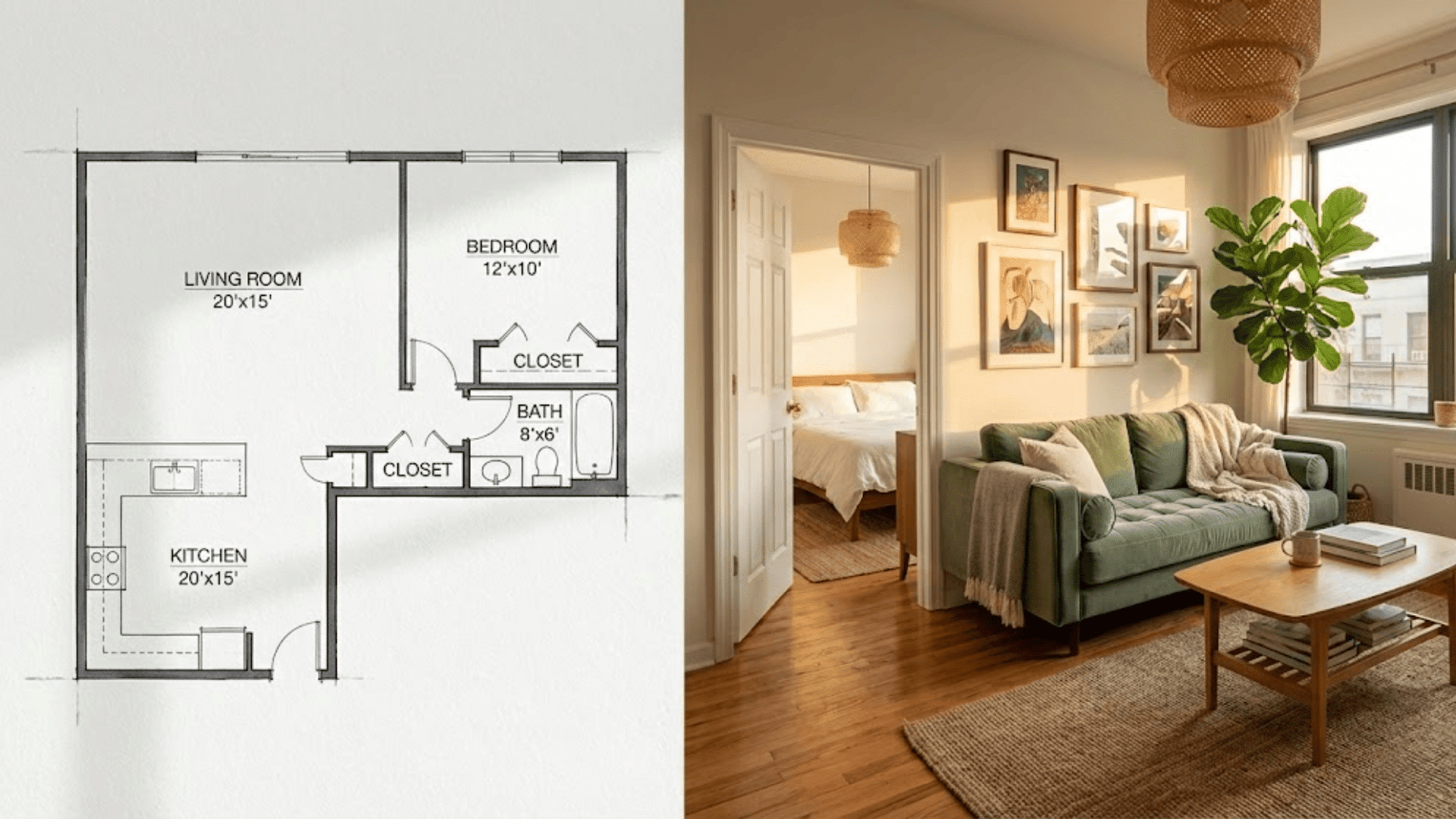 one-bedroom apartment floor plan beside real living room with separate bedroom visible
