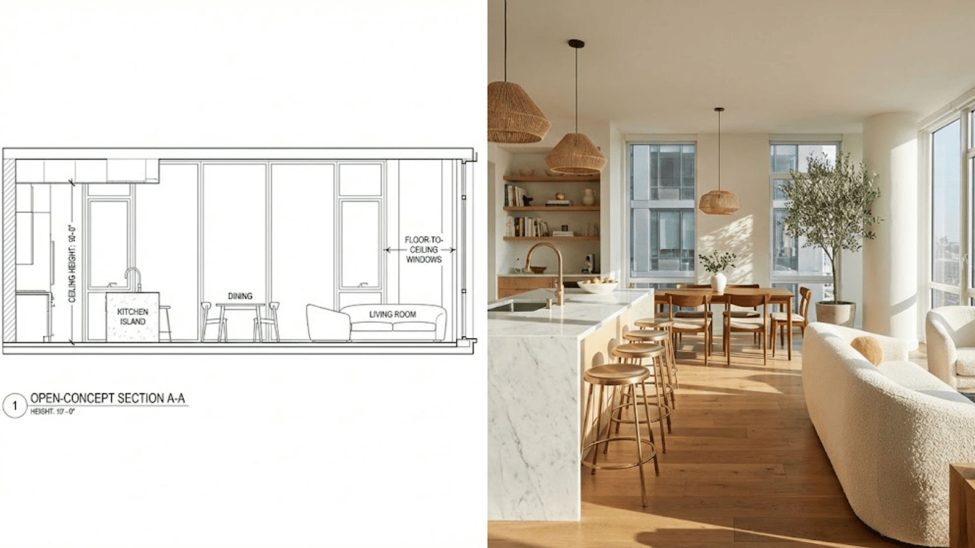 open-concept apartment floor plan beside real kitchen, dining, and living room flowing together