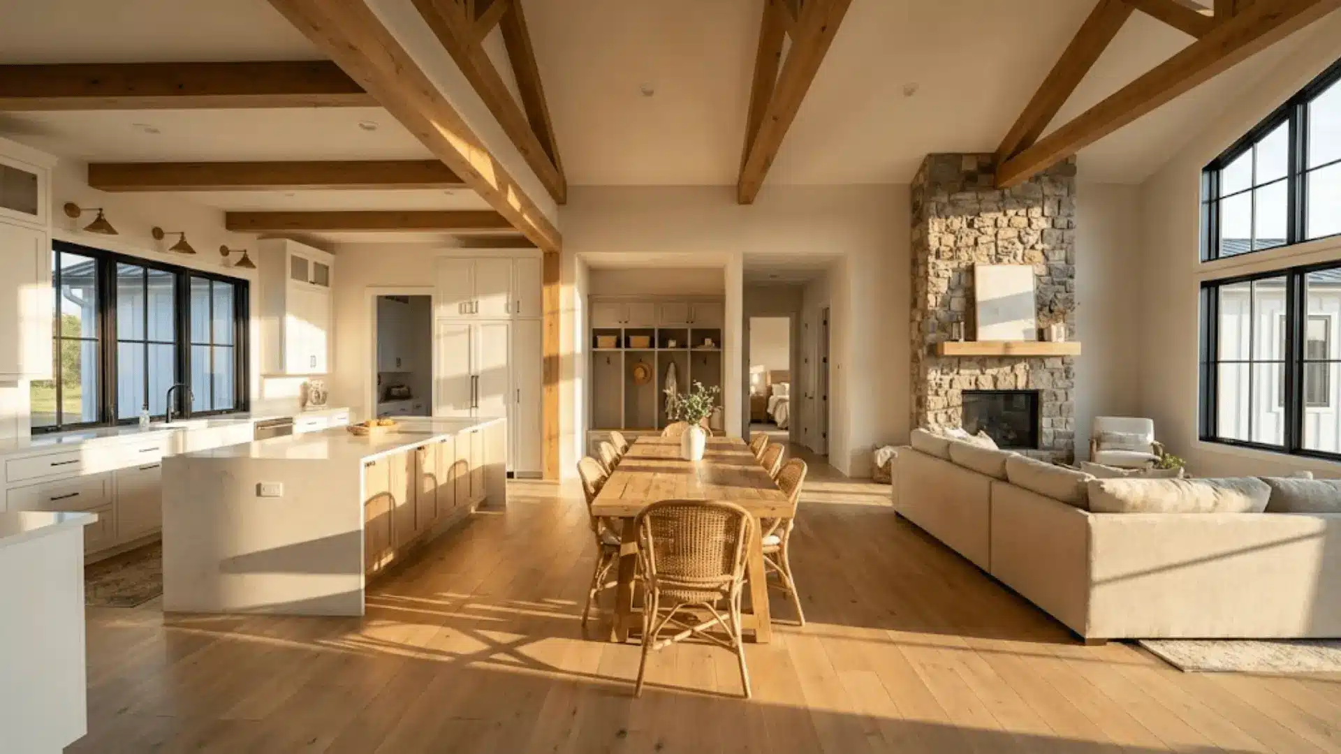 open concept barndominium great room with exposed beams, stone fireplace, and farmhouse kitchen under golden hour light