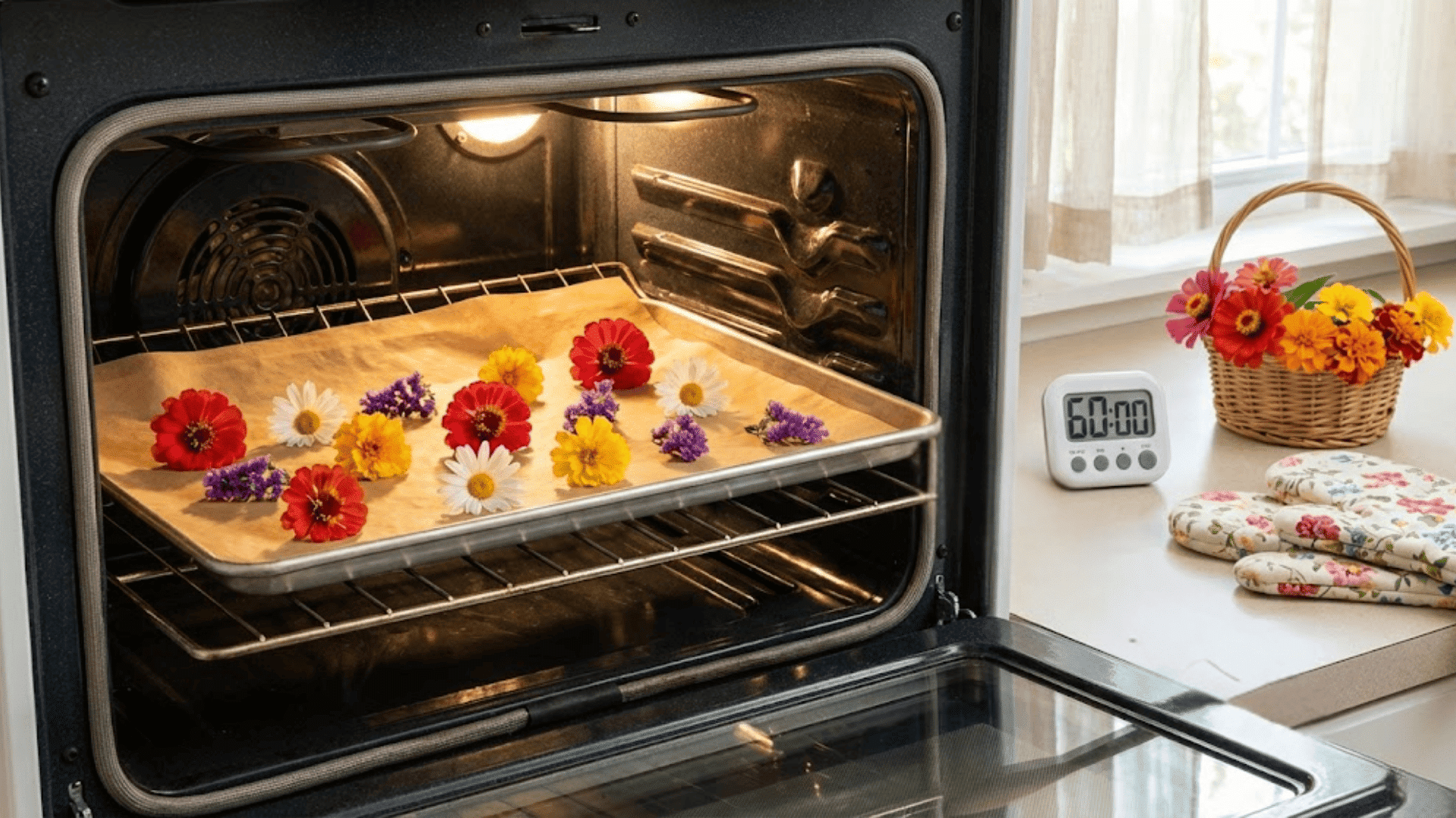 open oven with flowers arranged on parchment-lined baking sheet for quick drying at low temperature