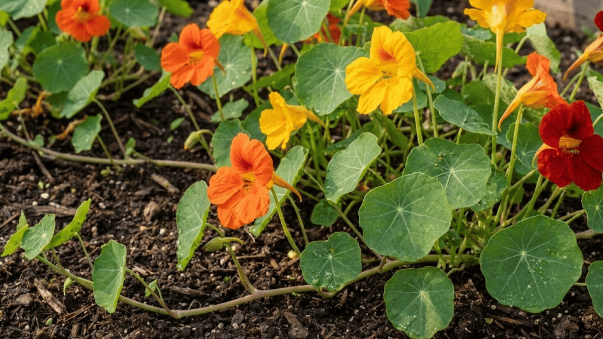 orange and yellow nasturtium flowers with round leaves growing as pest-deterrent companion plant in garden