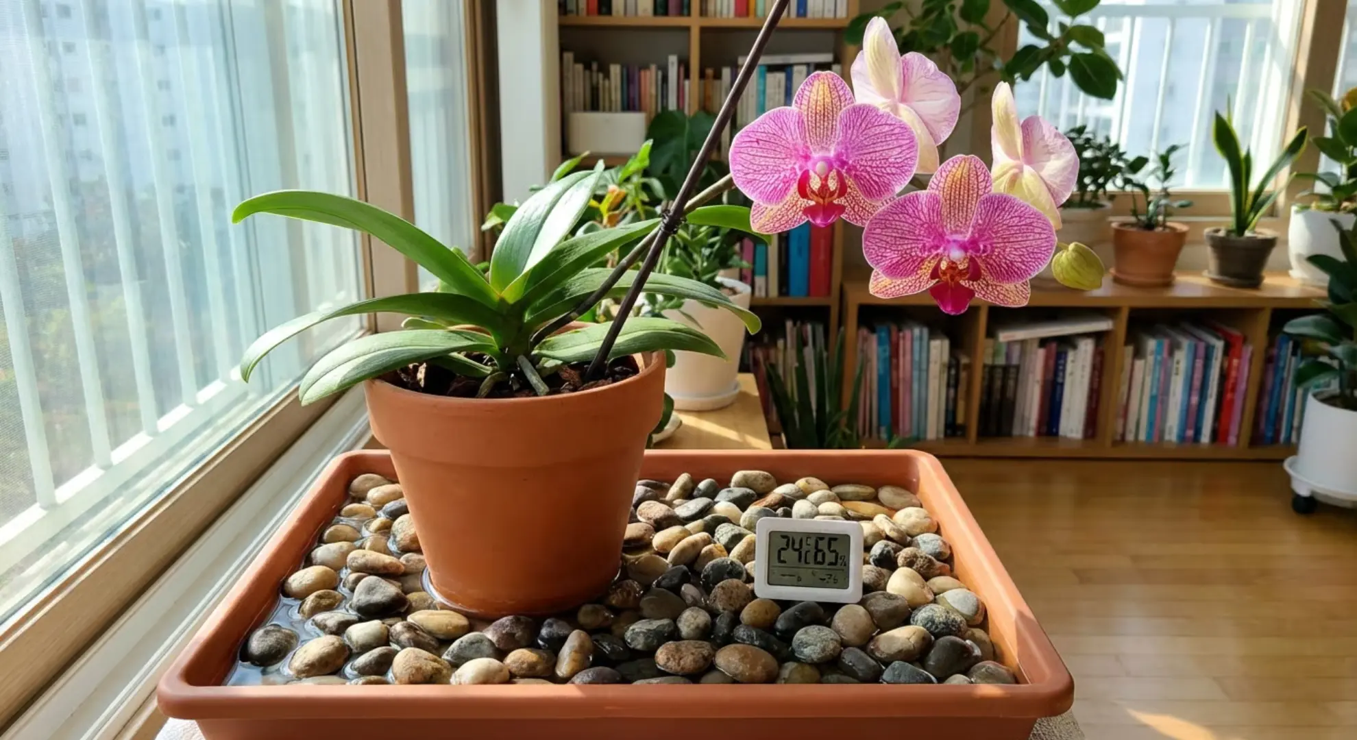 orchid on humidity tray filled with pebbles and water with thermometer nearby