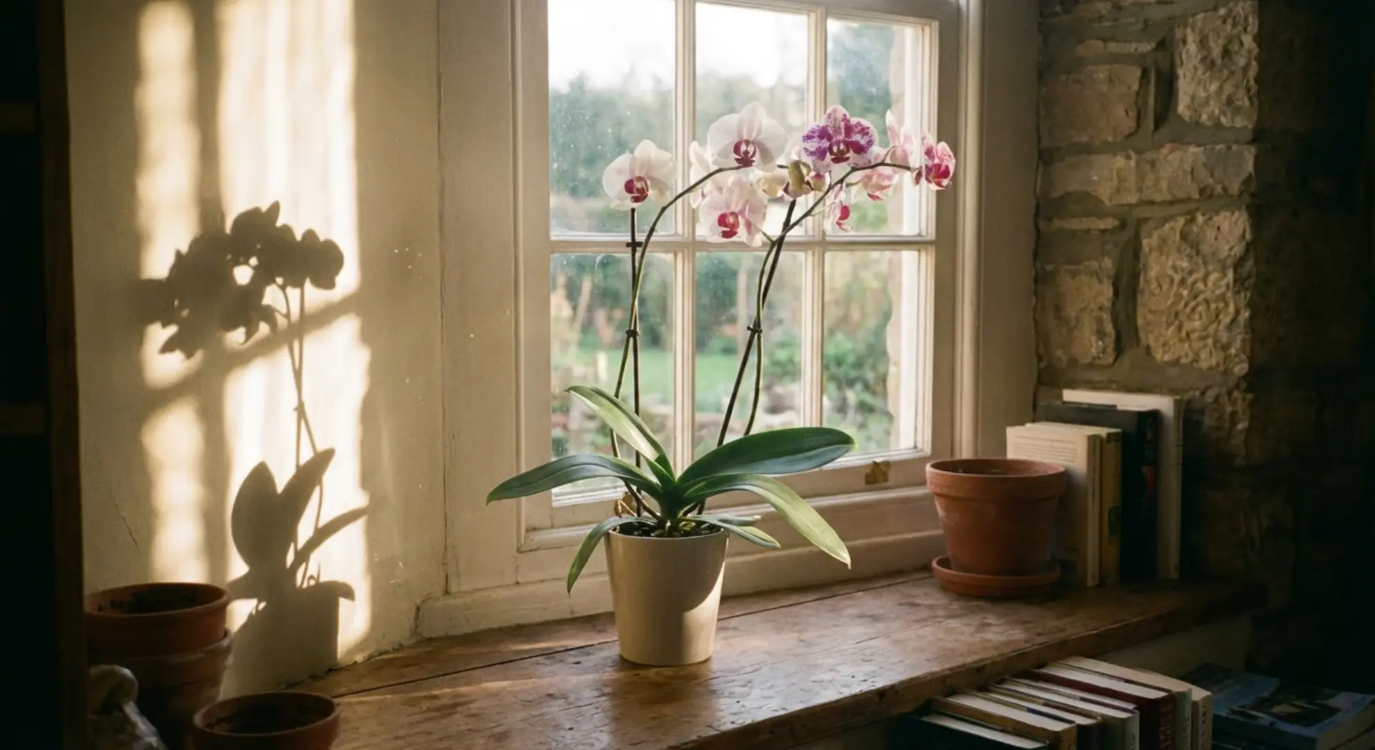 orchid on windowsill receiving bright indirect morning sunlight through window