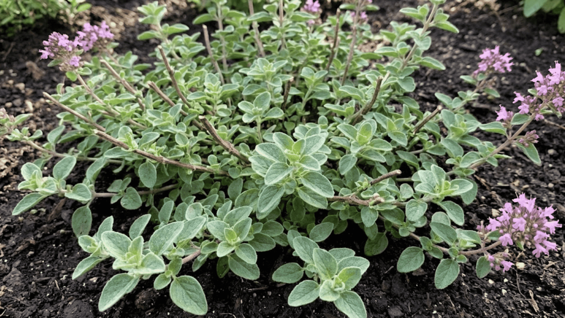 oregano plants with fuzzy gray-green leaves and pink flowers forming low ground cover in herb garden