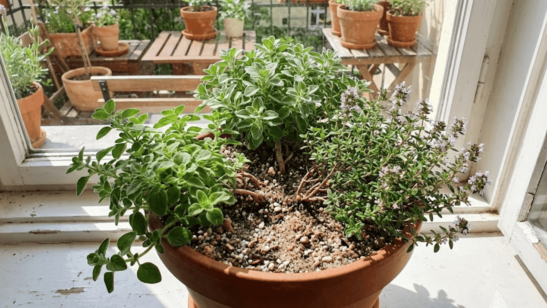 oregano thyme and marjoram herbs in terracotta pot on sunny windowsill with trailing growth