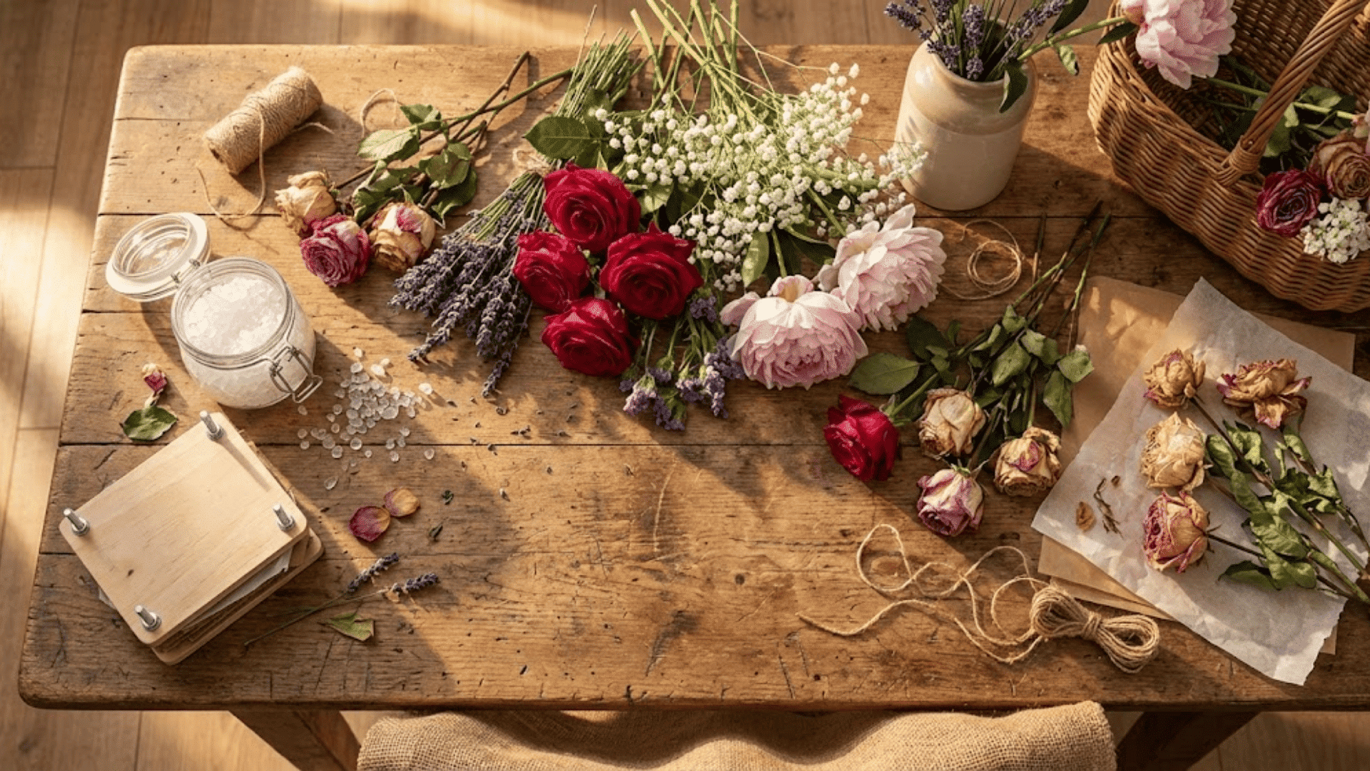 overhead flatlay of fresh and dried flowers with silica gel and drying tools on rustic wooden table for preservation