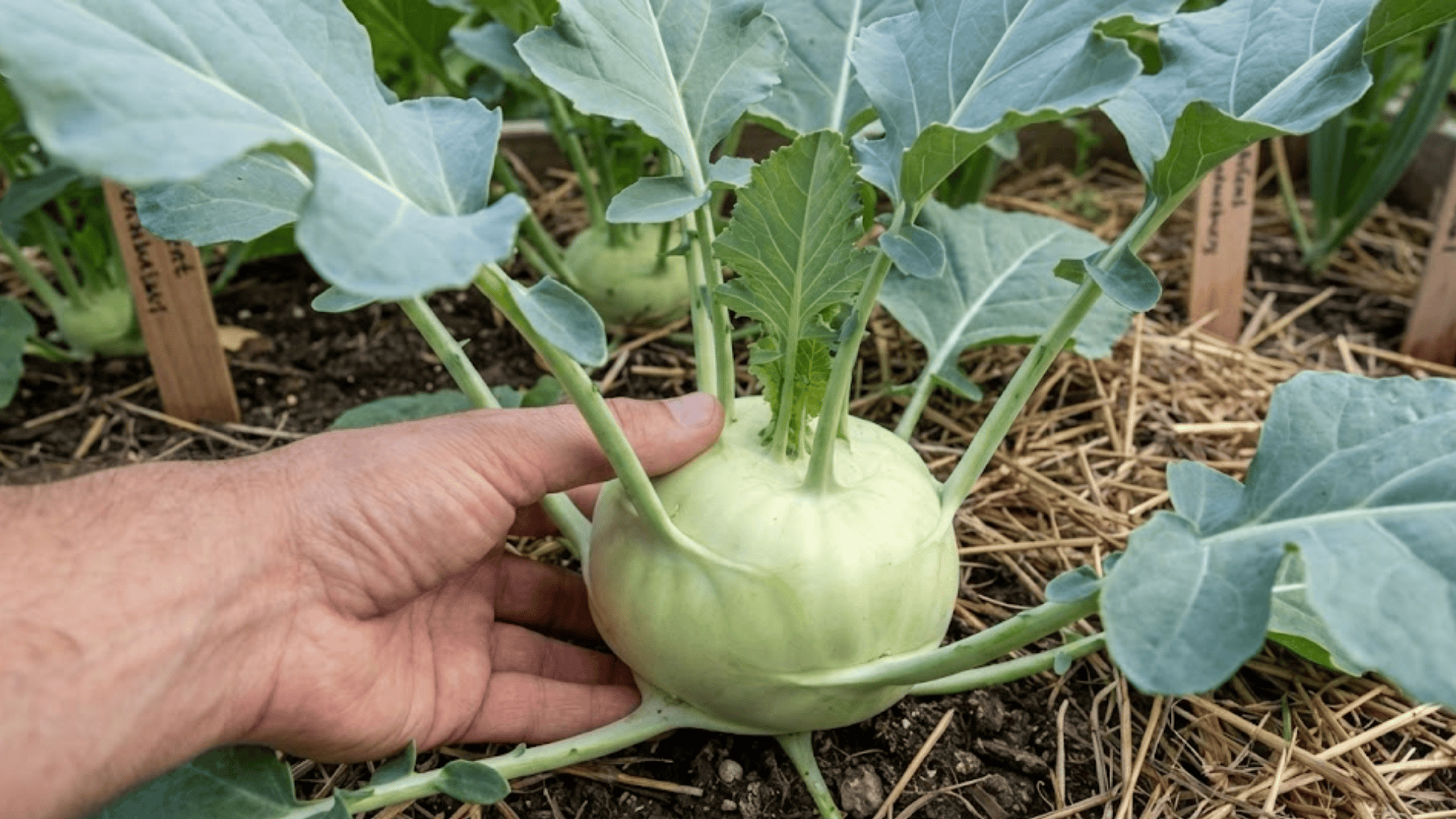 pale green kohlrabi bulb growing above ground with leafy stalks emerging from top