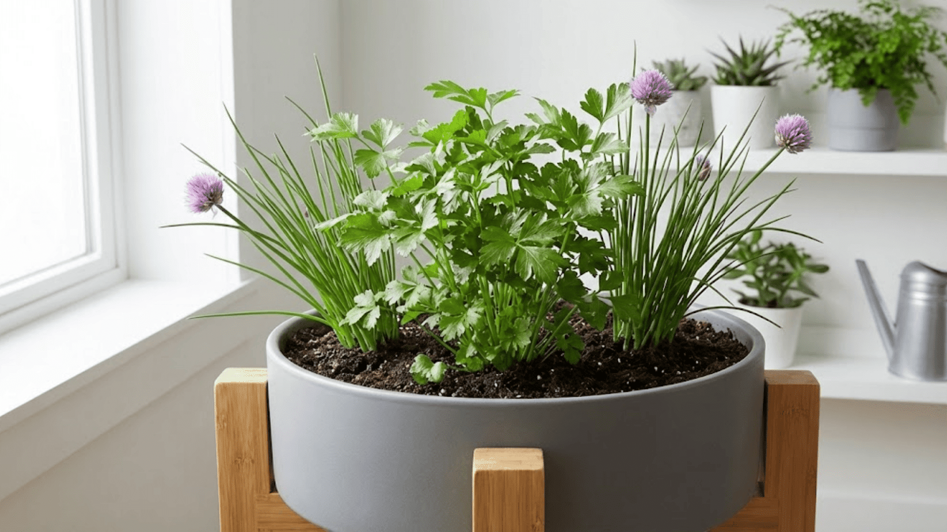 parsley and chives herbs growing together in gray pot on indoor bamboo plant stand