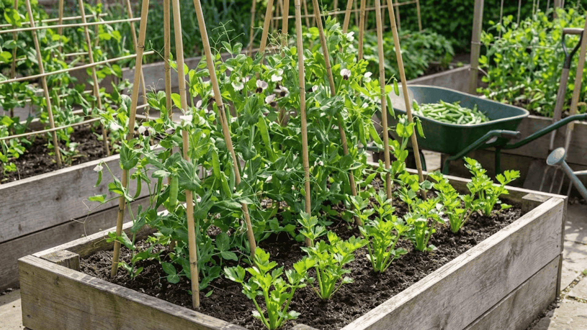 pea vines on bamboo trellis positioned north of celery plants for vertical nitrogen-fixing companion planting