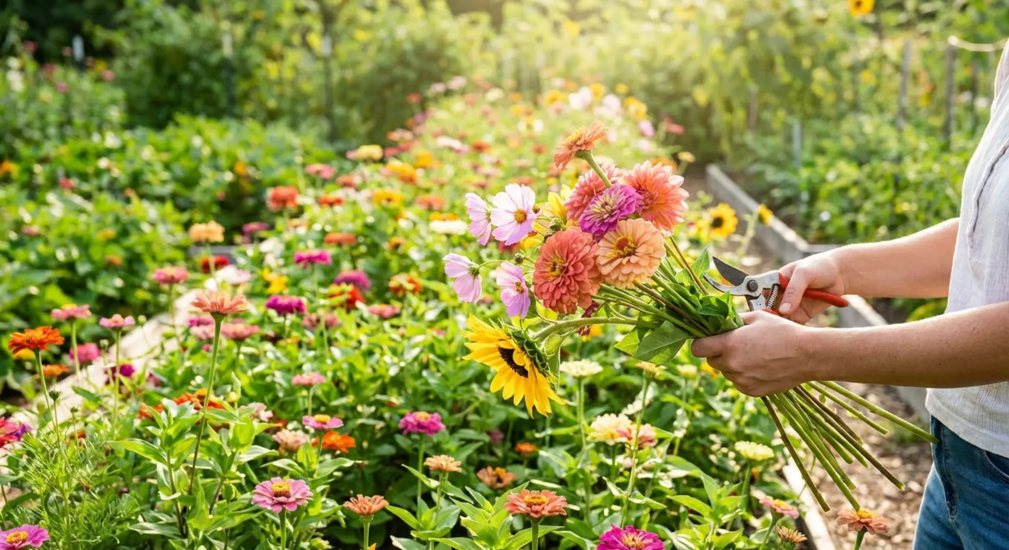 person cutting fresh zinnias and dahlias in a blooming cut flower garden with colorful rows of flowers