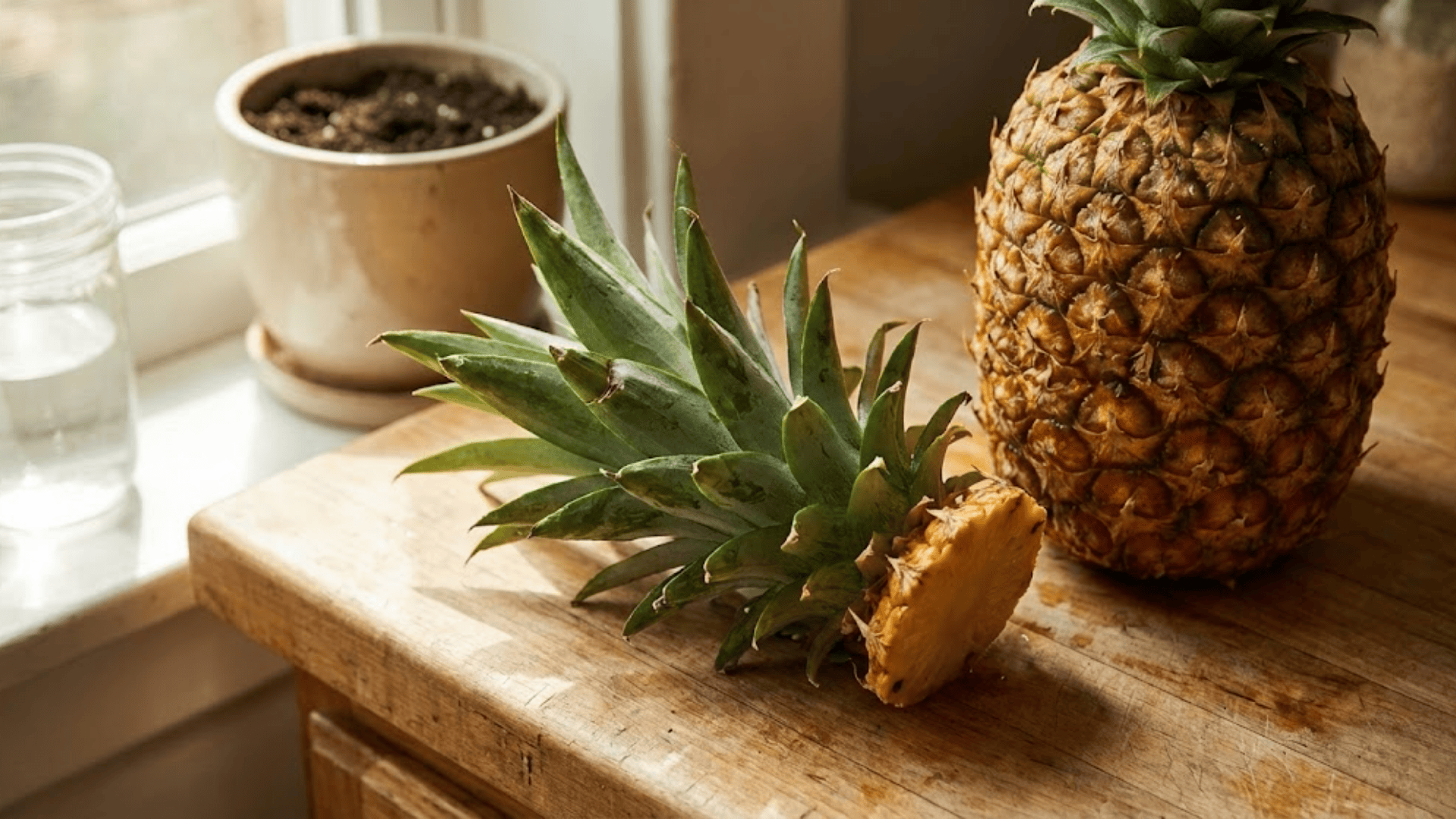 pineapple crown on wooden counter with whole pineapple and terracotta pot in sunny kitchen