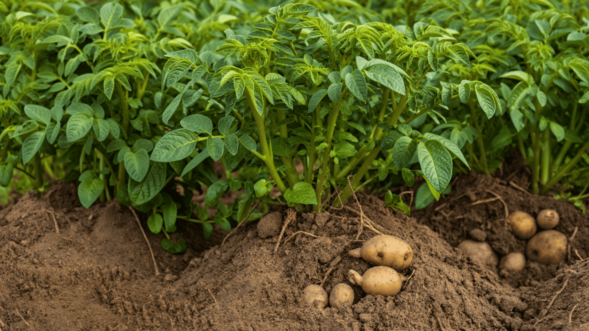 potato plants with compound leaves and purple flowers growing in hilled soil mounds in vegetable garden