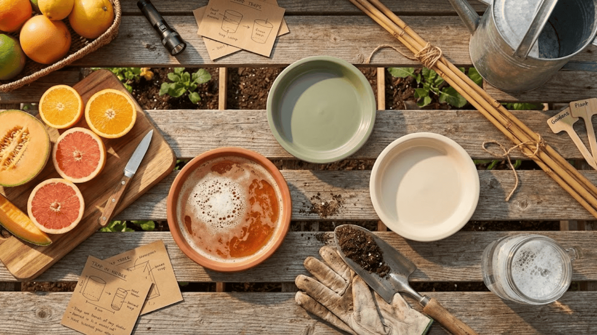 potting bench setup with beer dishes citrus rinds and tools for preparing organic slug traps before garden placement