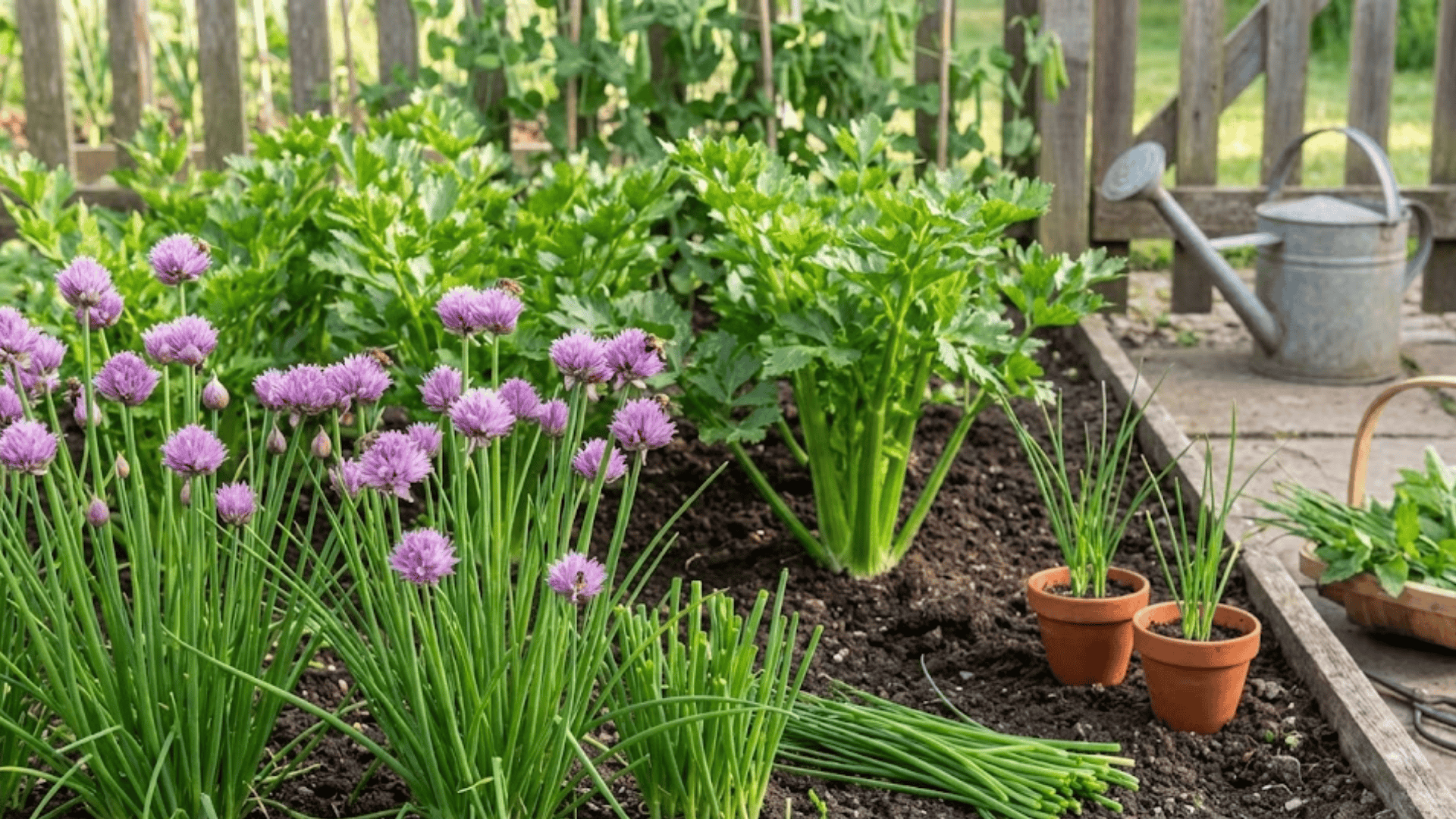 purple chive flowers bordering celery plants attracting beneficial hoverflies for natural pest control garden