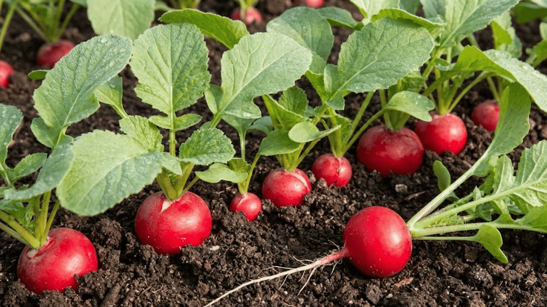 red cherry belle radishes with green tops partially emerged from soil showing fast-growing companion crop