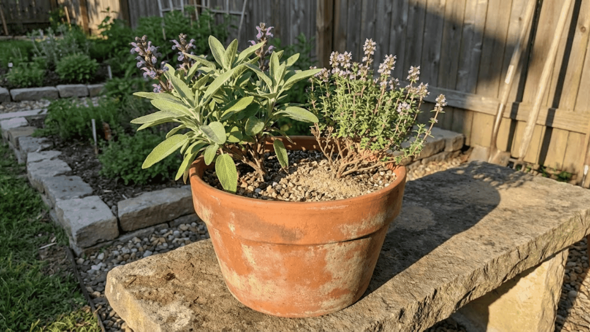 sage and thyme herbs with woody stems growing in weathered terracotta pot on stone garden bench
