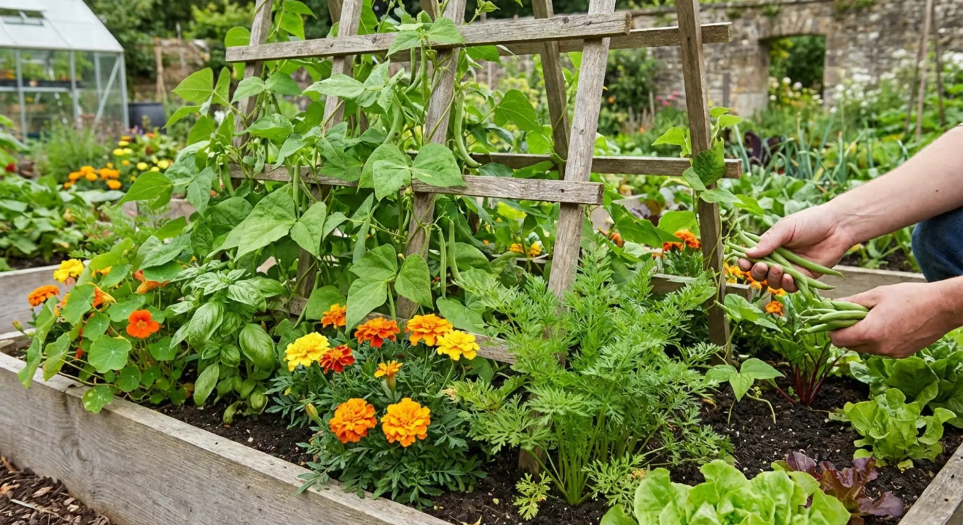 showing green beans growing alongside companion plants as marigolds and carrots in healthy garden layout
