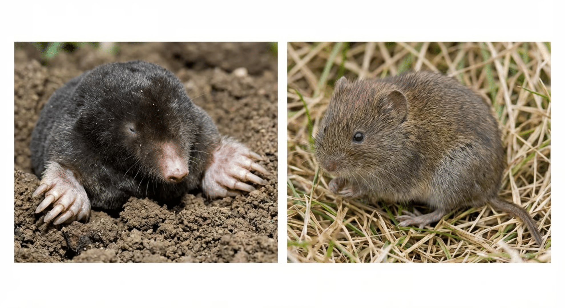 side-by-side comparison of mole with large digging claws and vole with rodent-like features