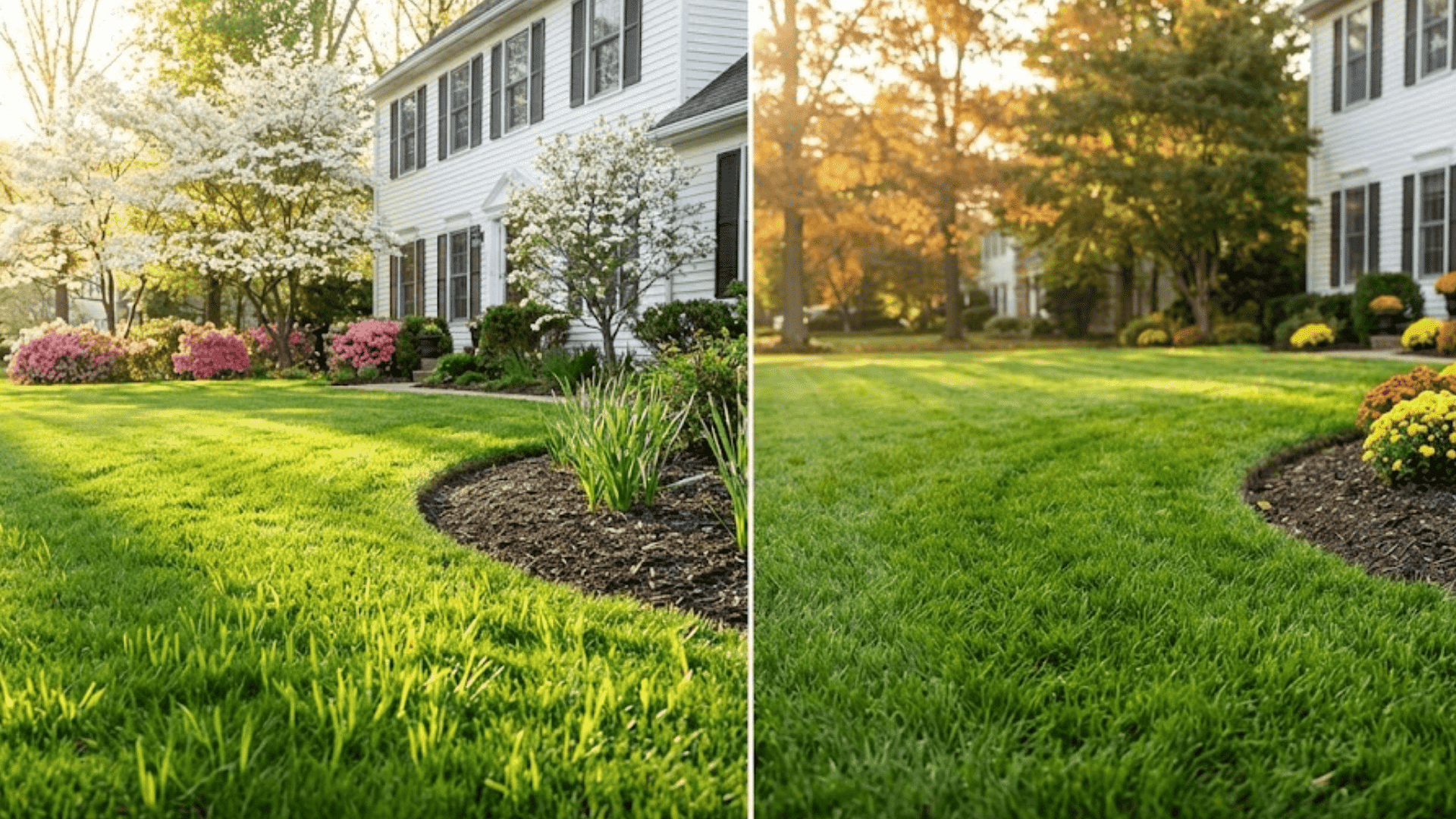 side by side comparison of spring lawn with blooming trees and fall lawn with autumn foliage colors