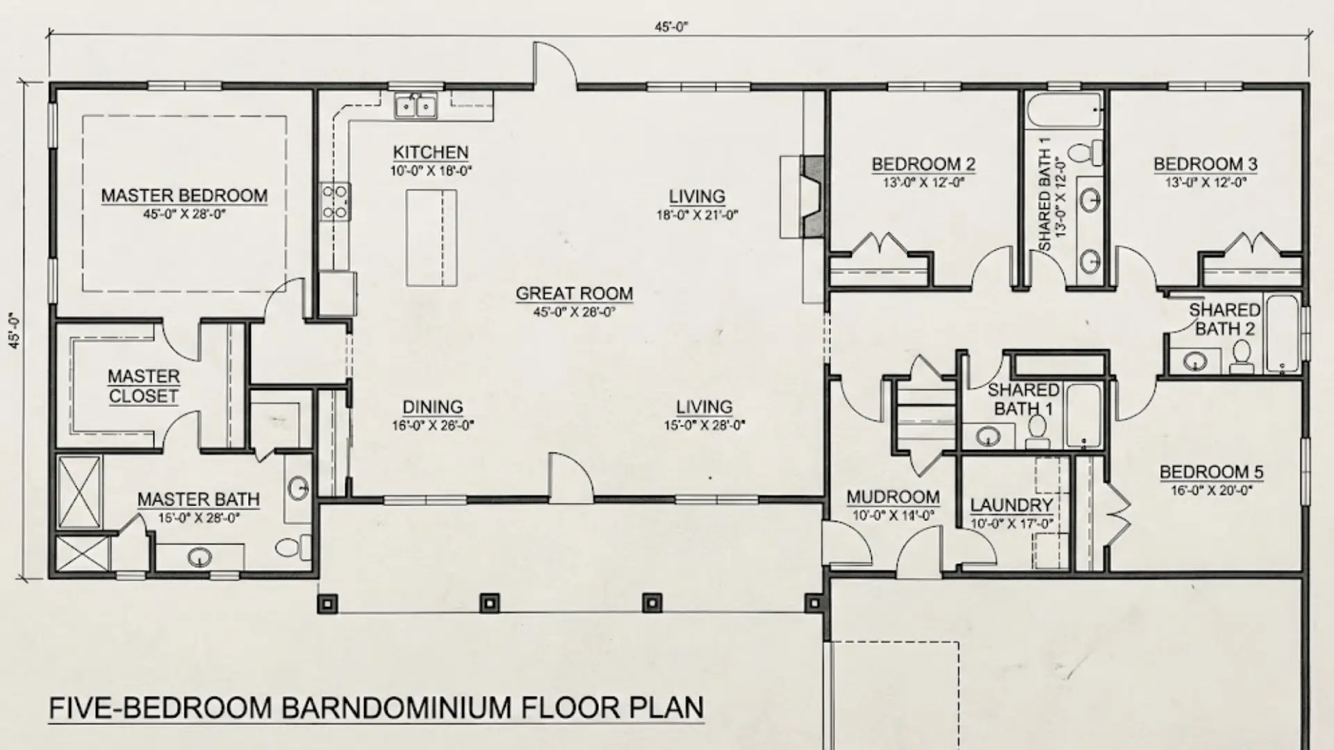 single-story 5 bedroom barndominium floor plan with open great room, master suite, and four-bedroom wing