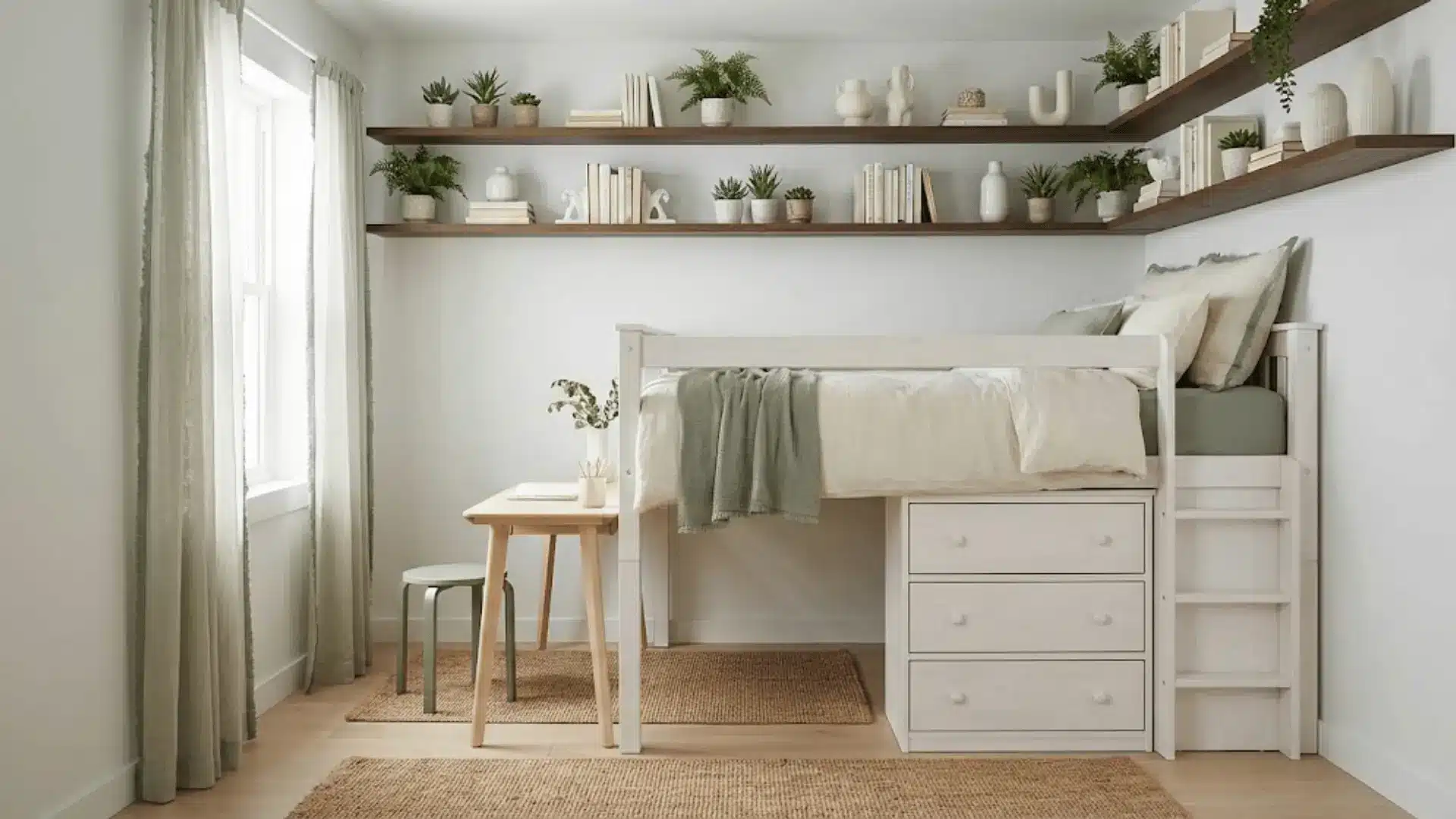 small bedroom with loft bed, built-in storage, floating shelves, and pale sage and ivory color palette