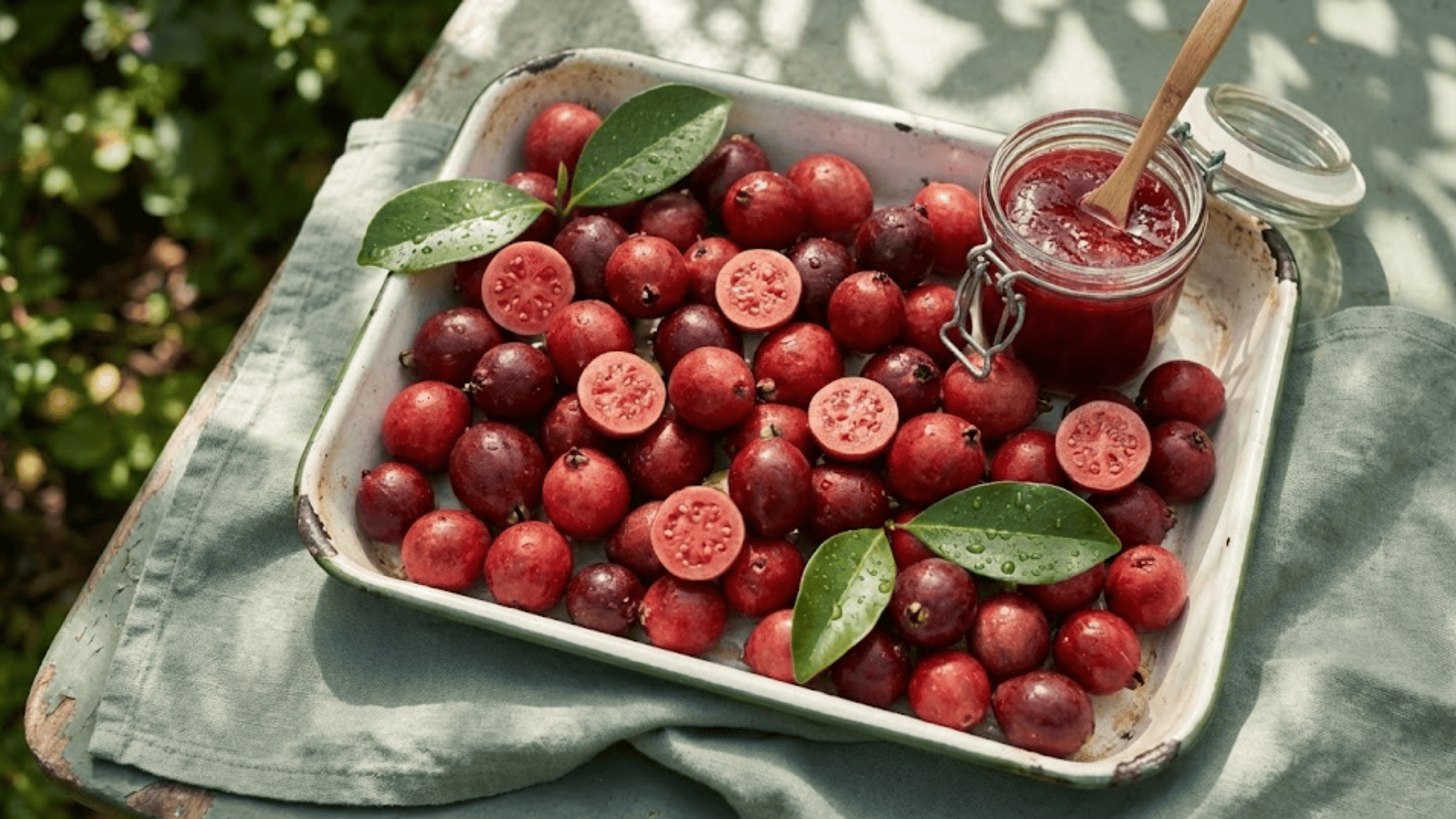 small strawberry guavas scattered on vintage tray with homemade jam jar