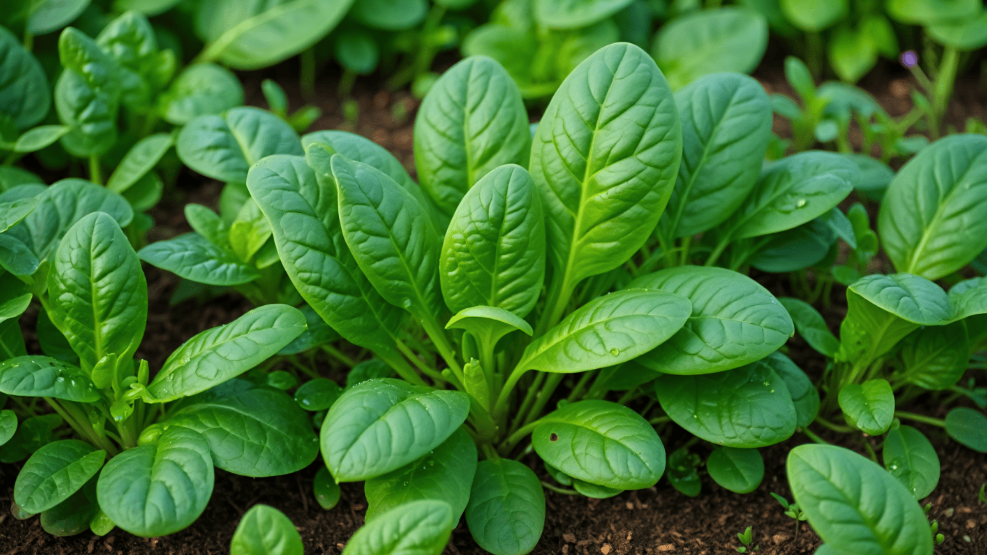 smooth dark green spinach leaves in loose rosettes growing close to ground in garden soil