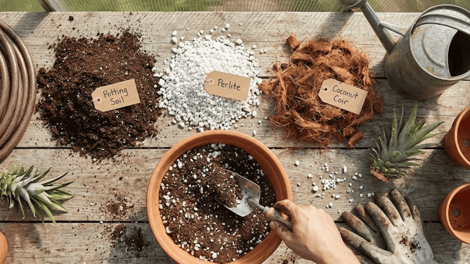soil mixing ingredients with potting soil perlite and coconut coir on wooden potting bench