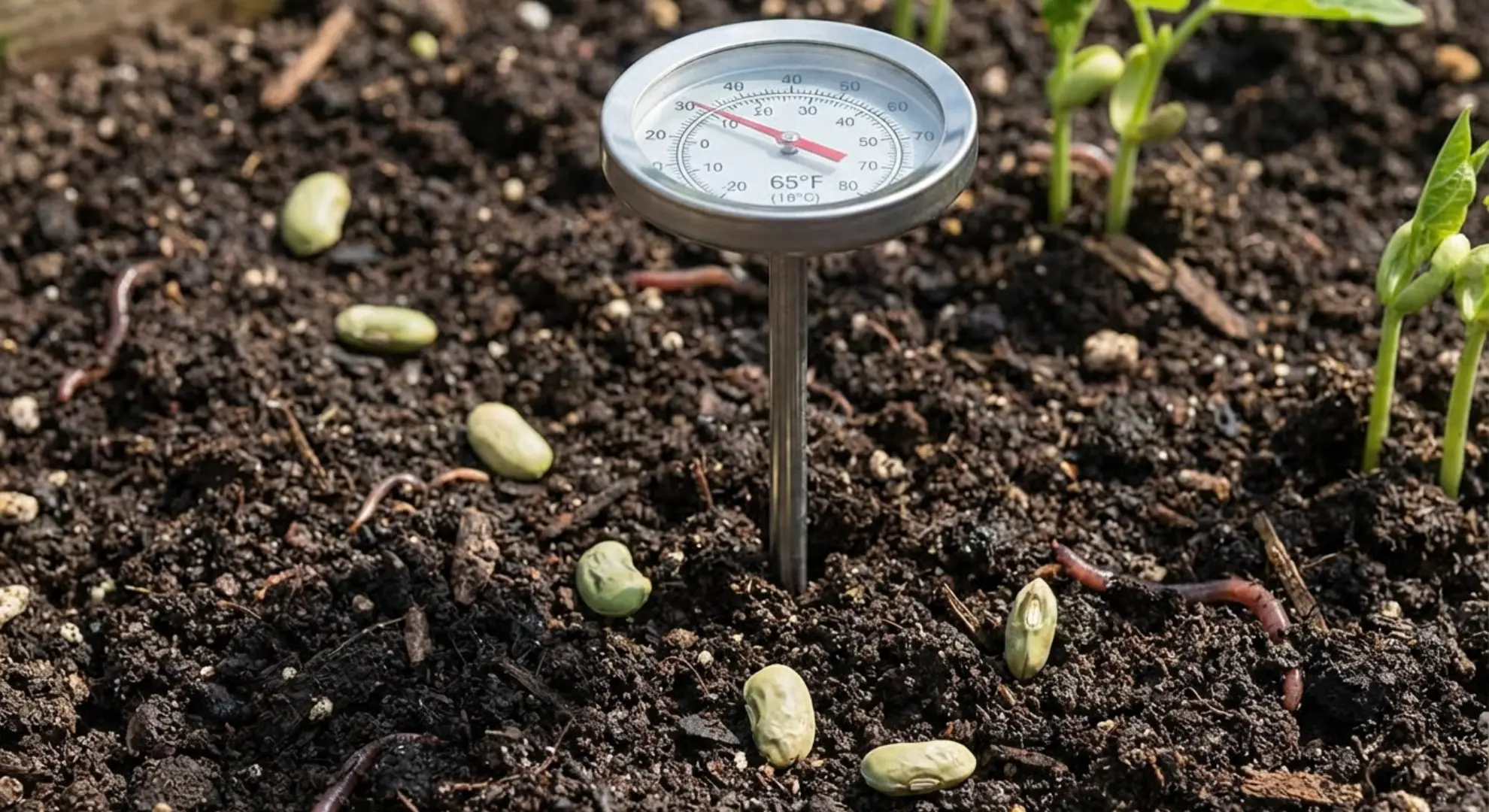 soil thermometer put into garden soil showing temperature with green bean seeds scattered nearby on the soil surface.