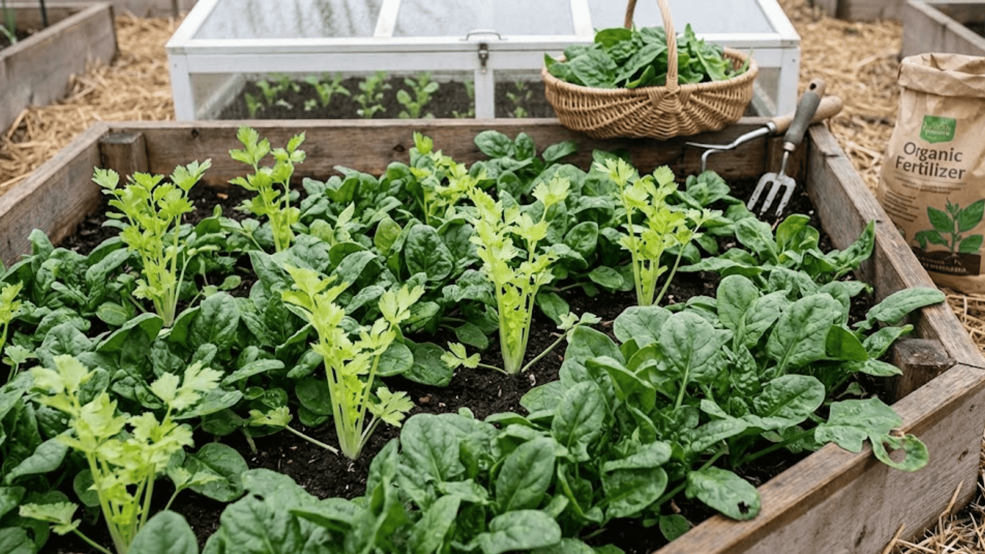 spinach leaves growing as living mulch between young celery transplants in spring raised bed garden