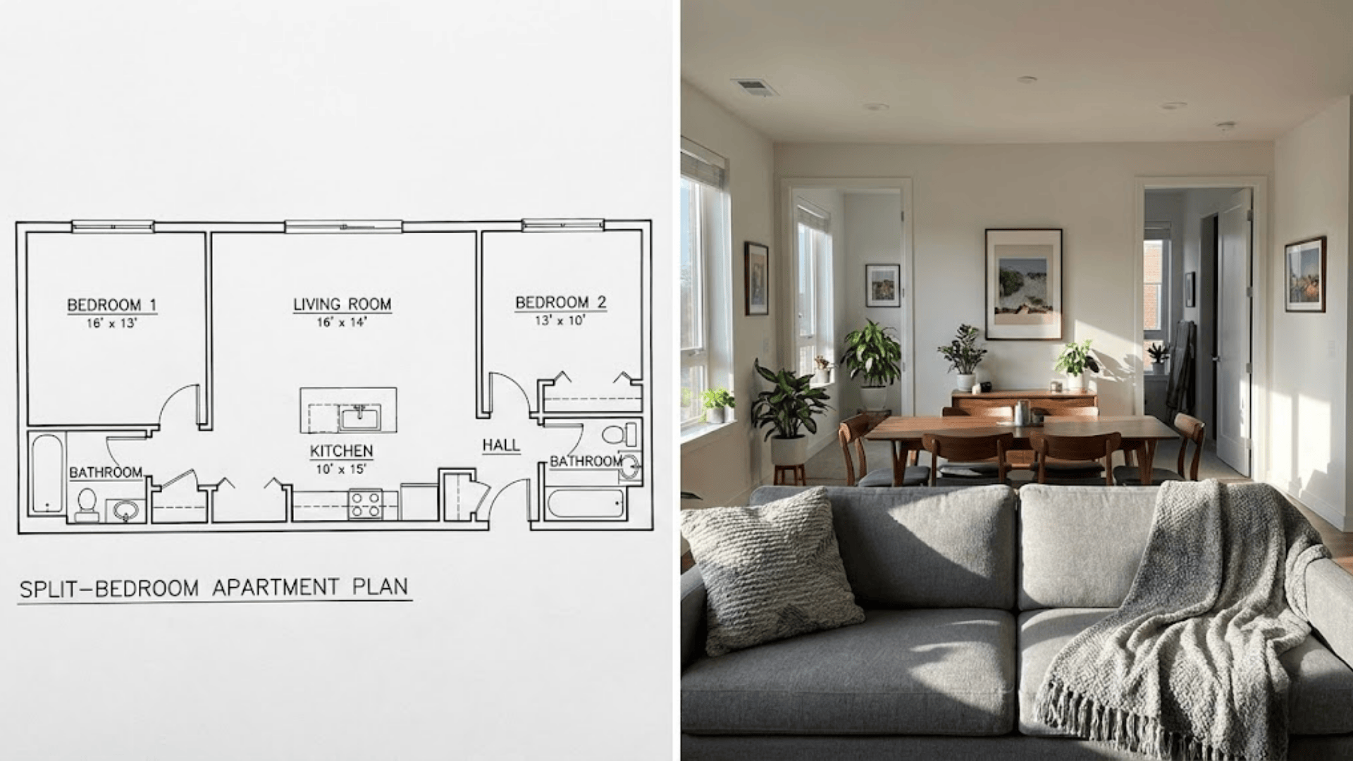 split-bedroom floor plan showing bedrooms at opposite ends with living area between