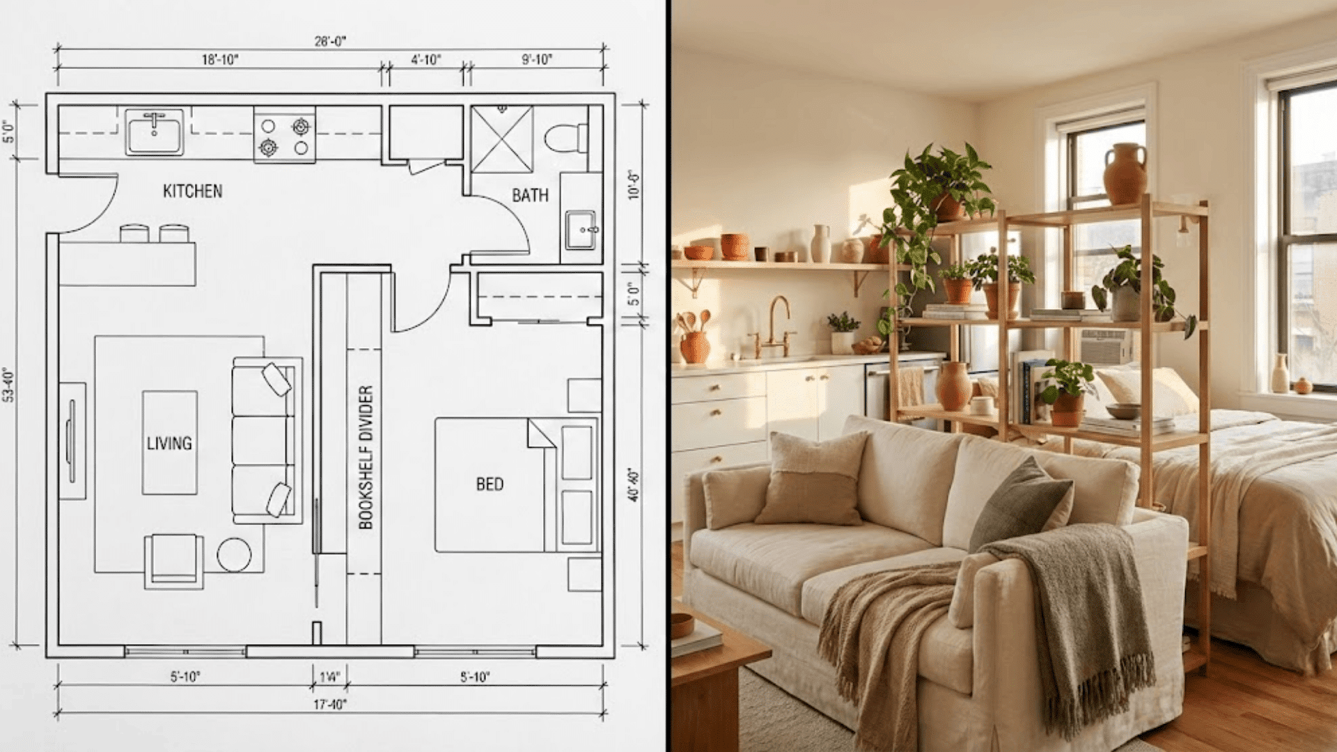 studio apartment layout diagram on left, real furnished studio with room divider on right