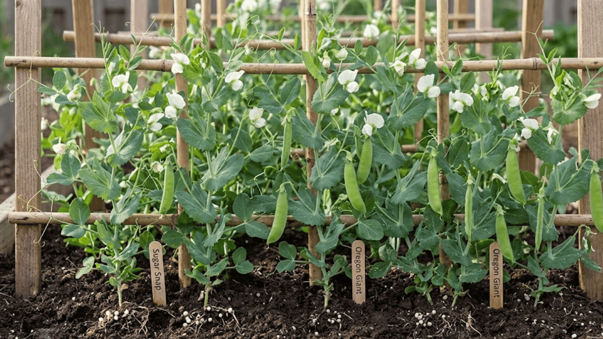 sugar snap pea plants climbing trellis with white flowers and developing pods in spring garden setting