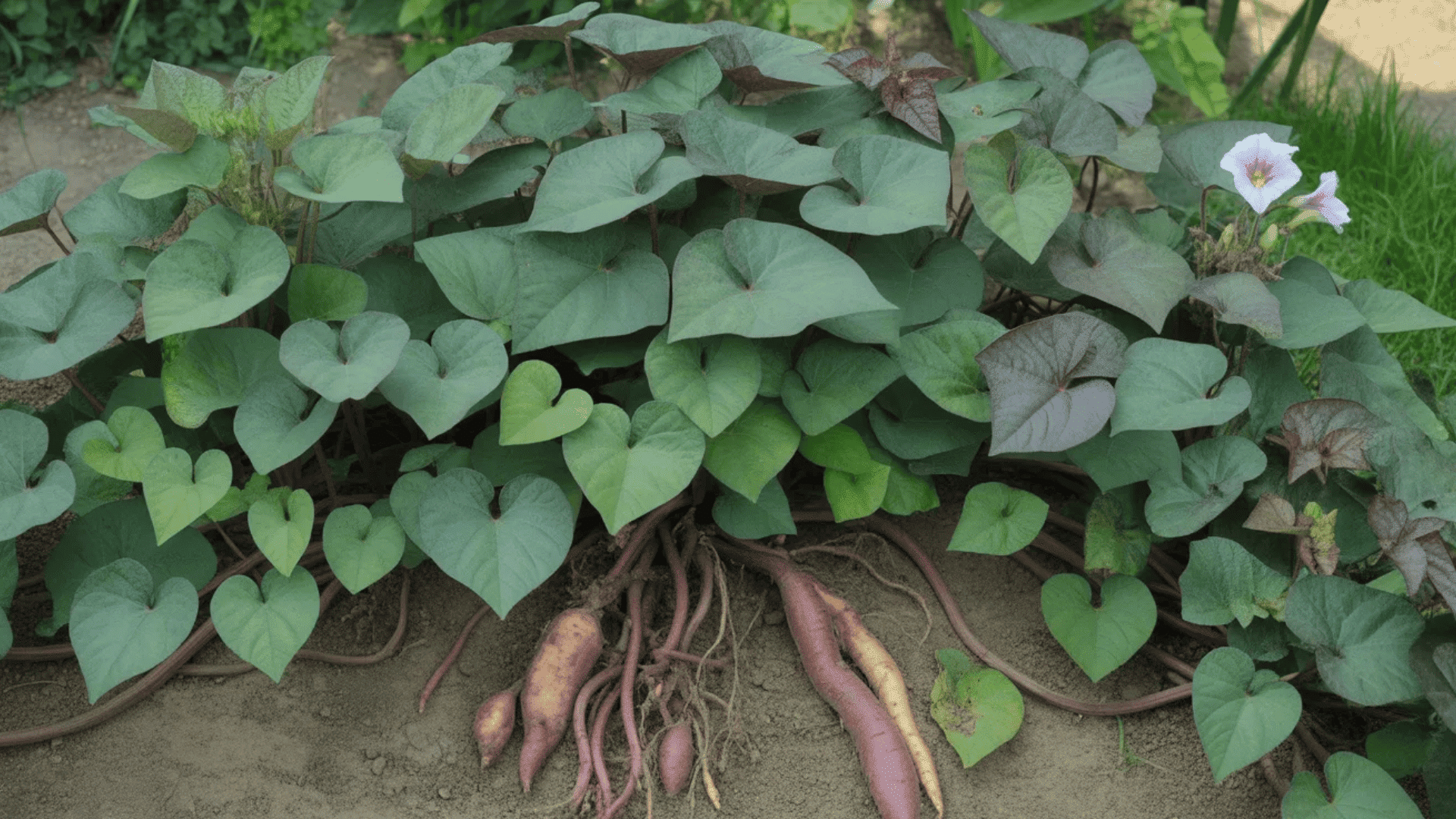 sweet potato vines with heart-shaped leaves spreading aggressively across ground showing vigorous growth habit