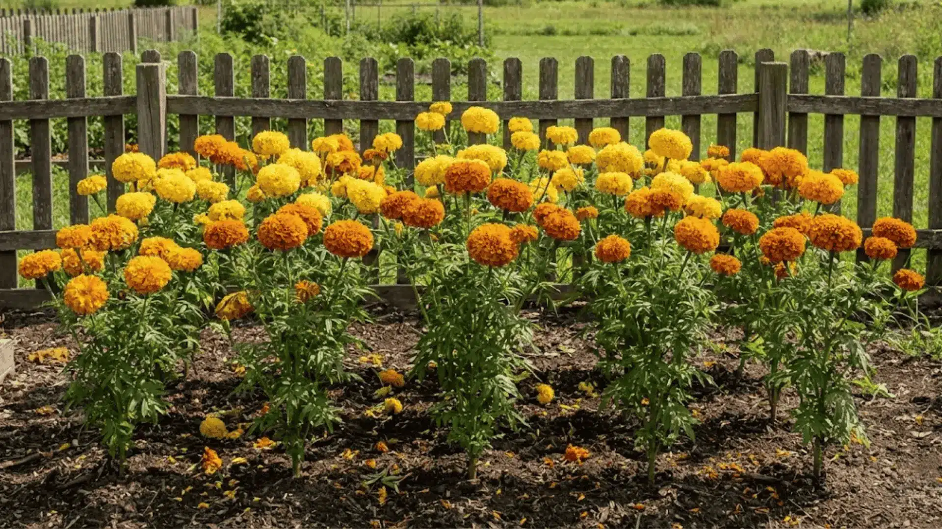 tall african marigolds with large golden globe blooms standing in an open sunny garden bed against a wooden fence