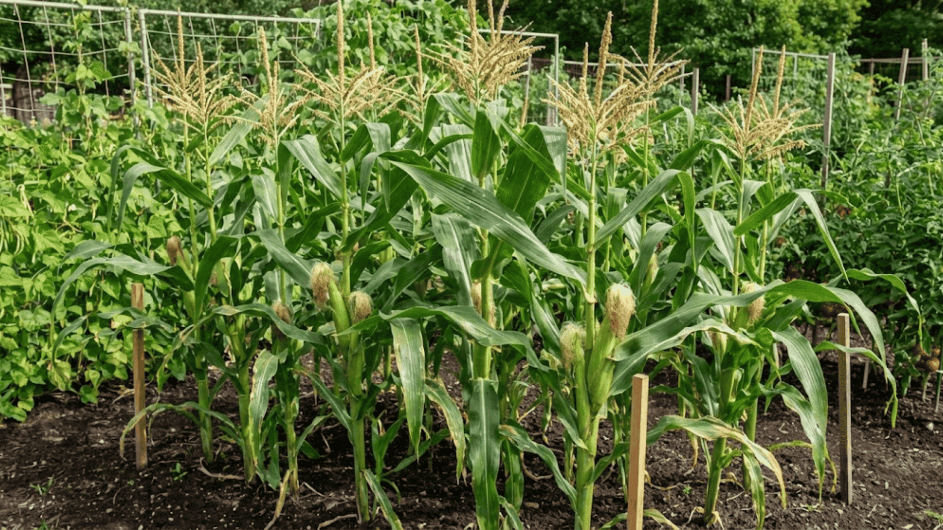 tall corn stalks with broad green leaves and golden tassels in summer vegetable garden