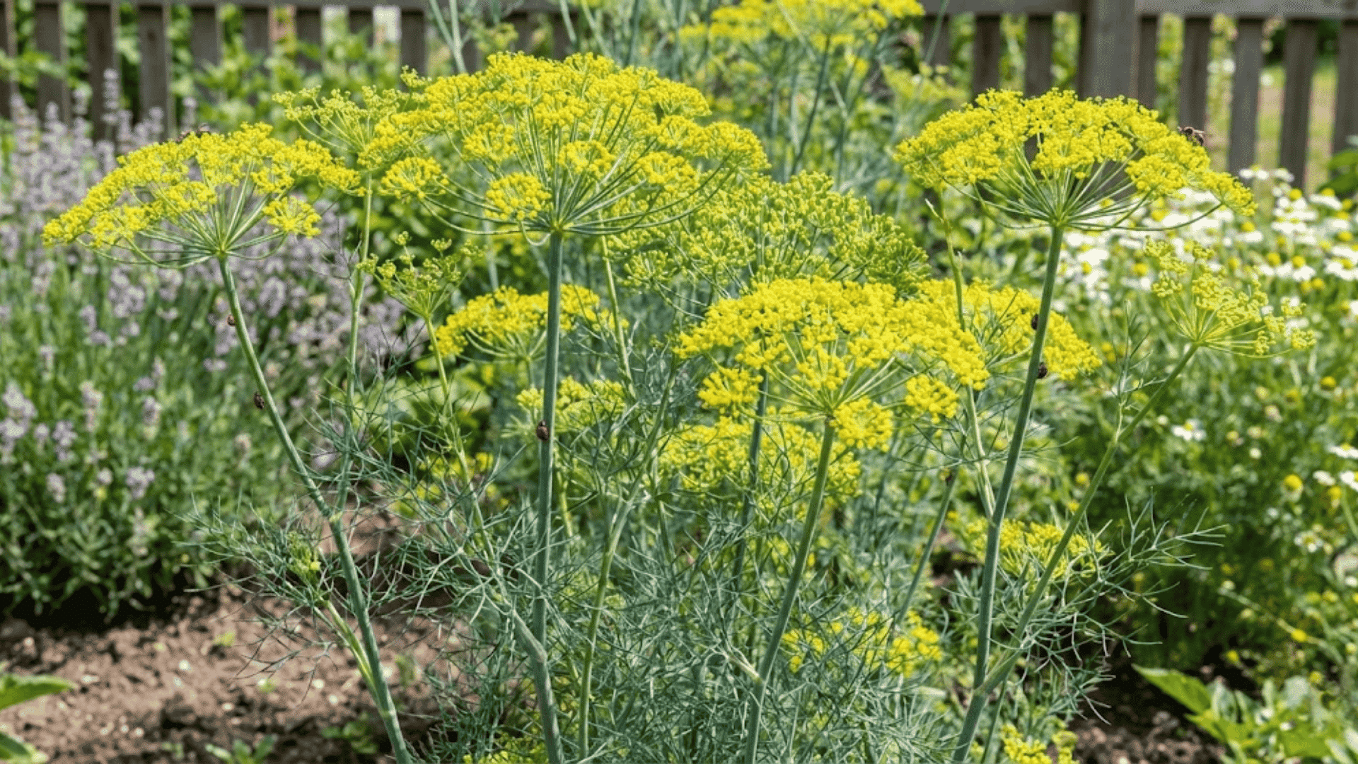 tall dill plants with feathery foliage and yellow umbrella shaped flower clusters blooming