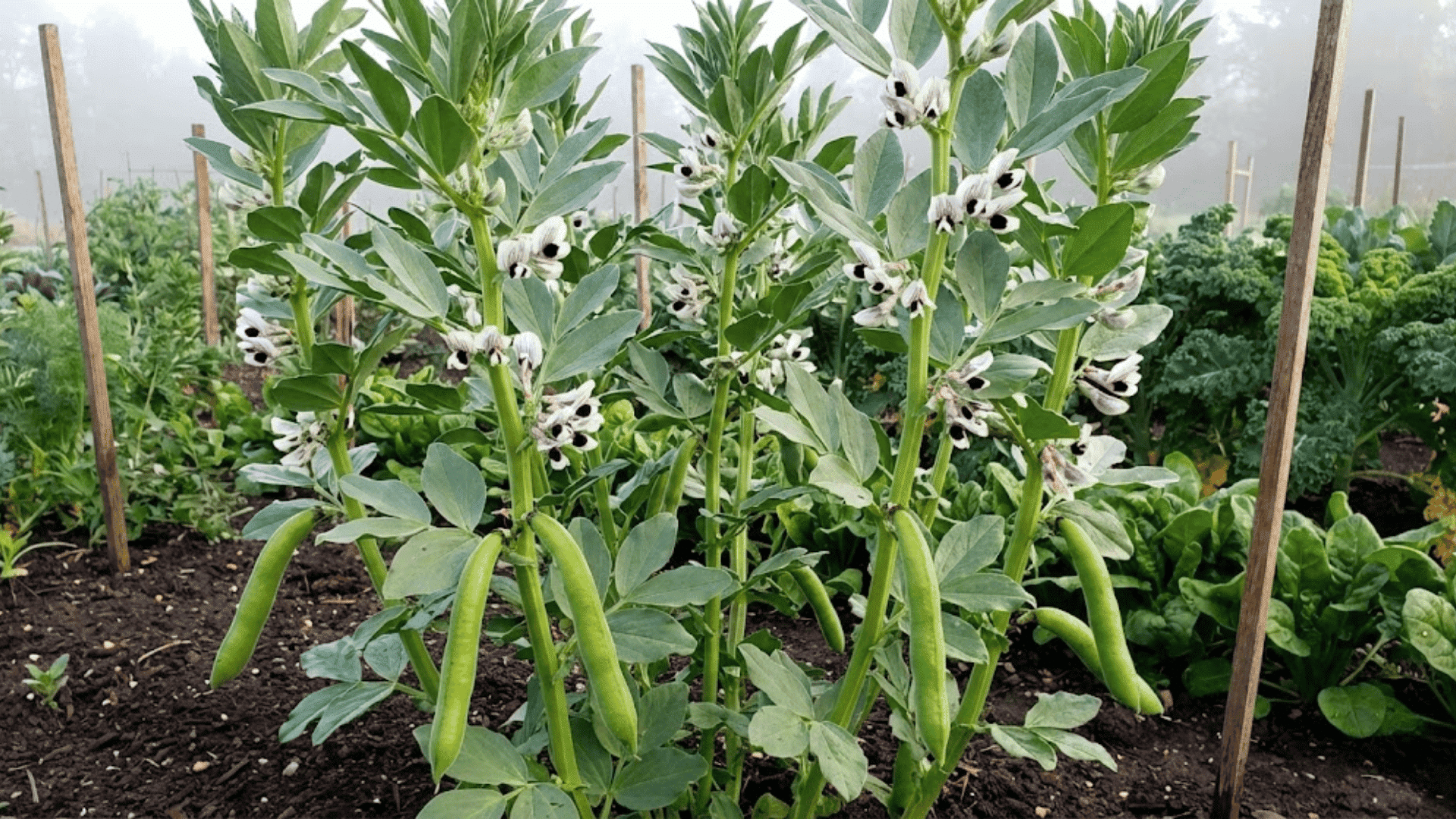 tall fava bean plants with black and white flowers and long fuzzy green pods