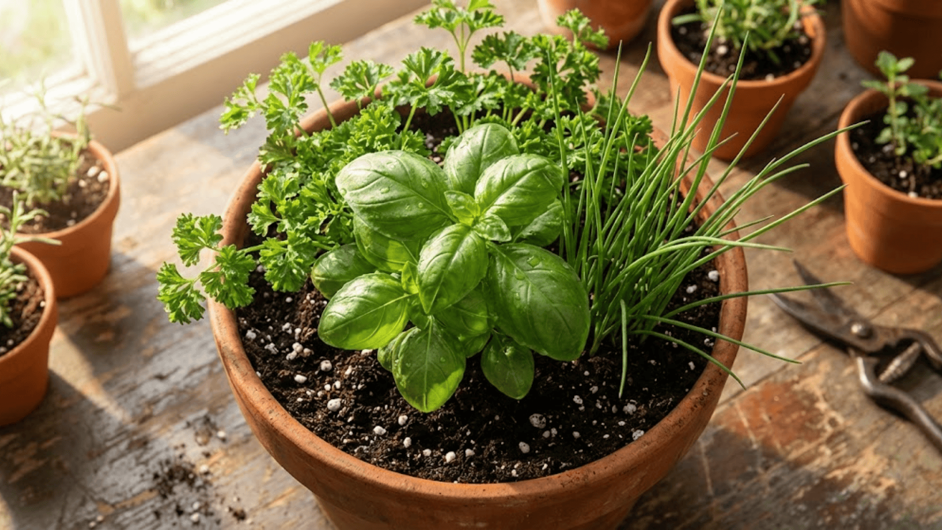 terracotta pot with basil, parsley and chives growing together in rich soil on wooden surface with natural light