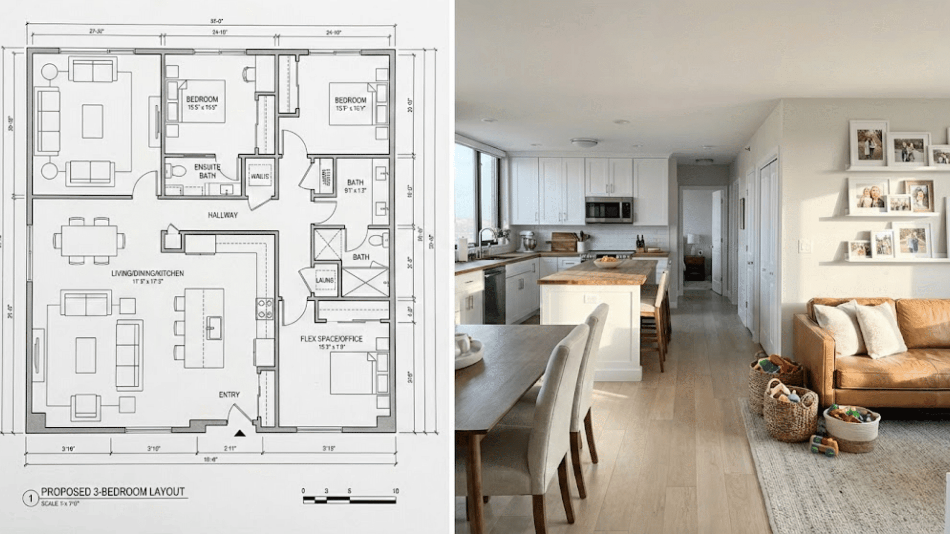 three-bedroom apartment floor plan with family-focused living space and bedroom wing