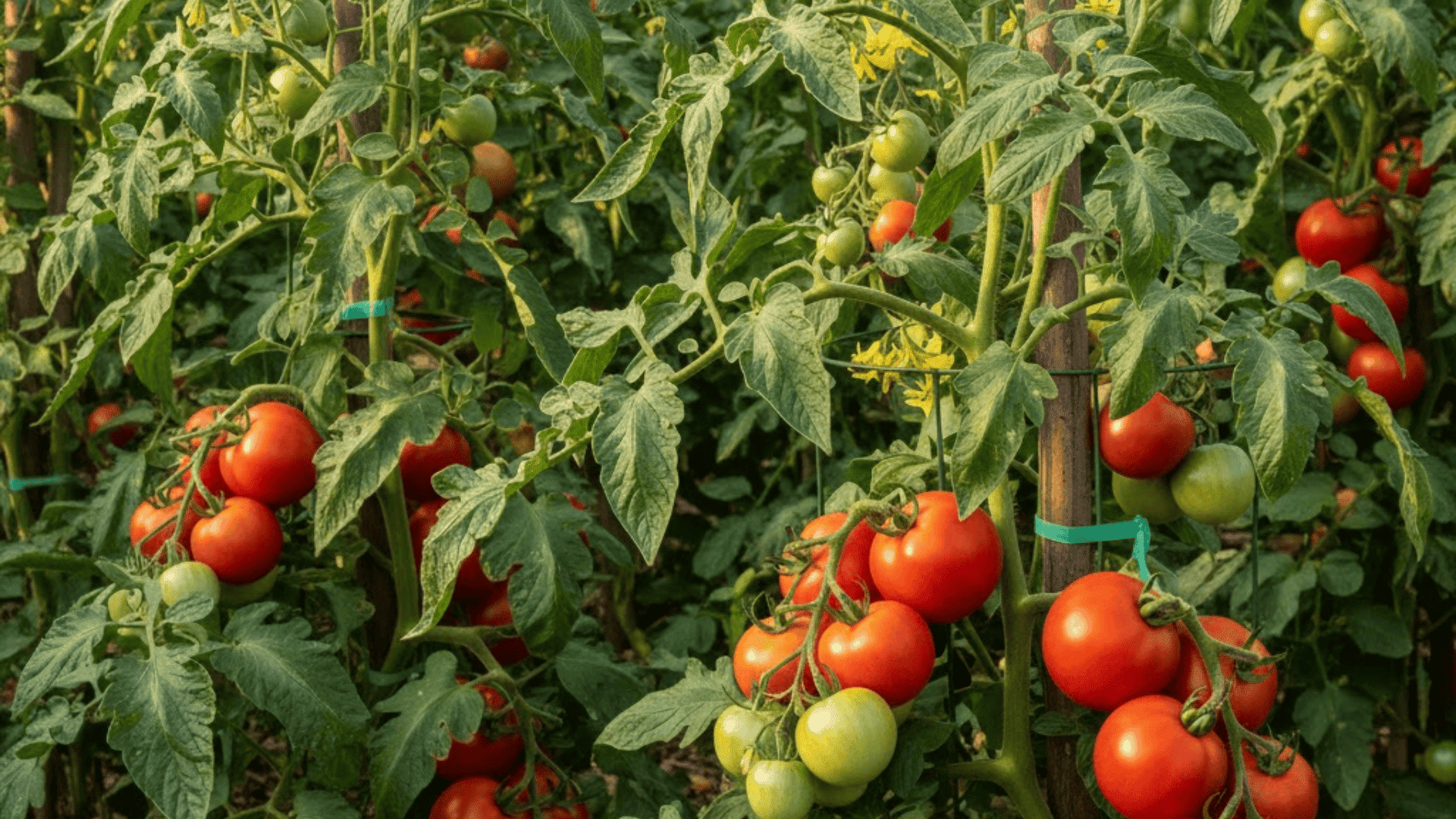 tomato plants with compound leaves and clusters of ripening fruits at various stages on staked support