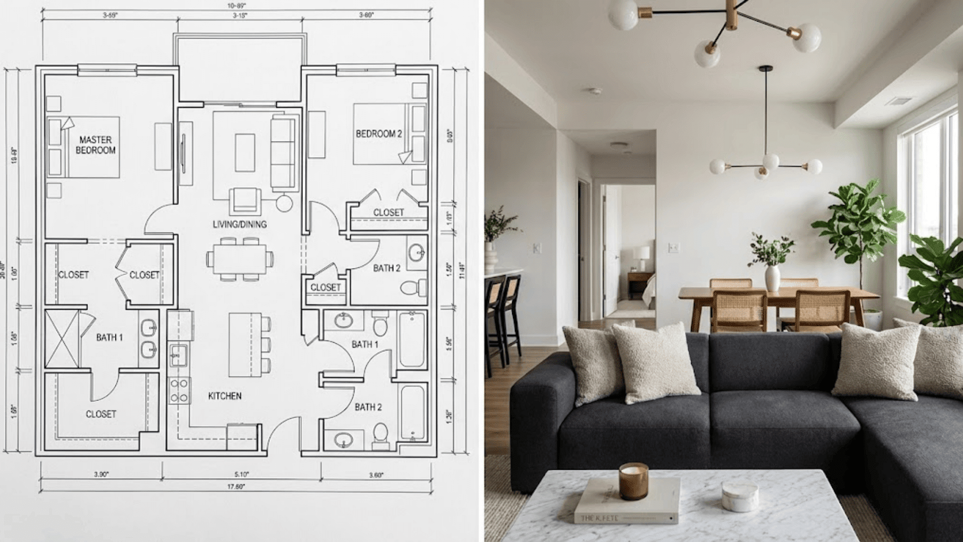 two-bedroom split layout floor plan next to real apartment living room and hallway