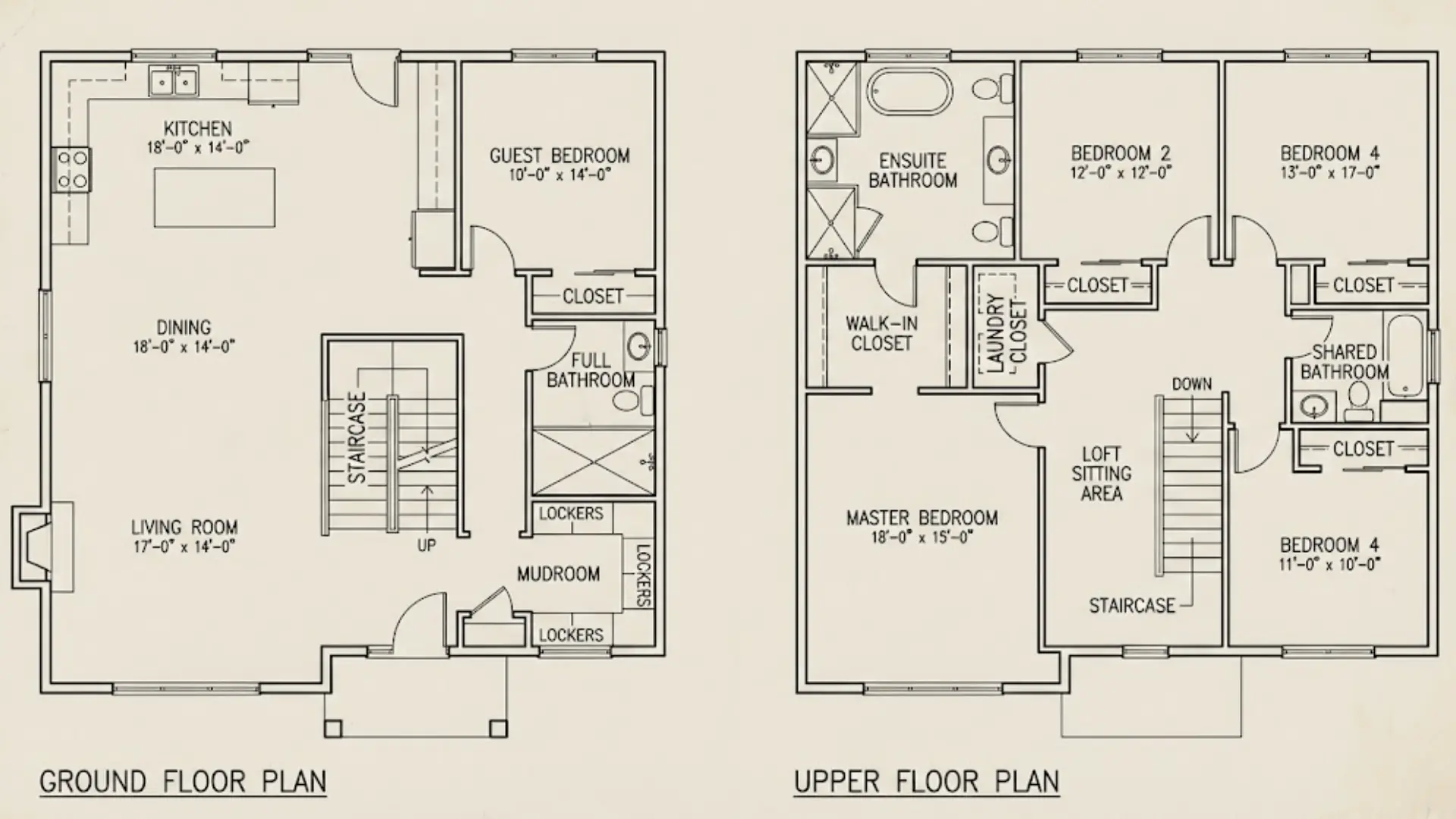 two-story barndominium floor plan showing open living on ground floor and four bedrooms with loft above
