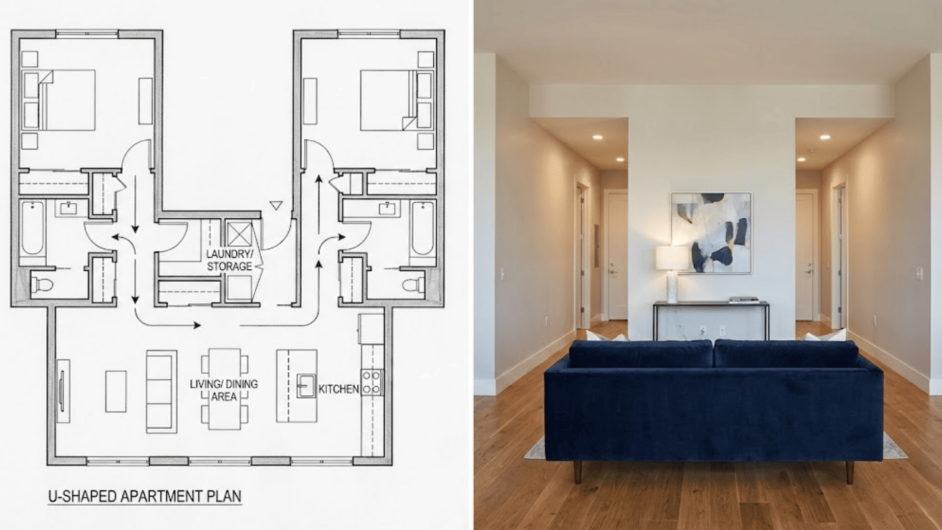 u-shaped apartment plan with central living space and bedroom wings on either side