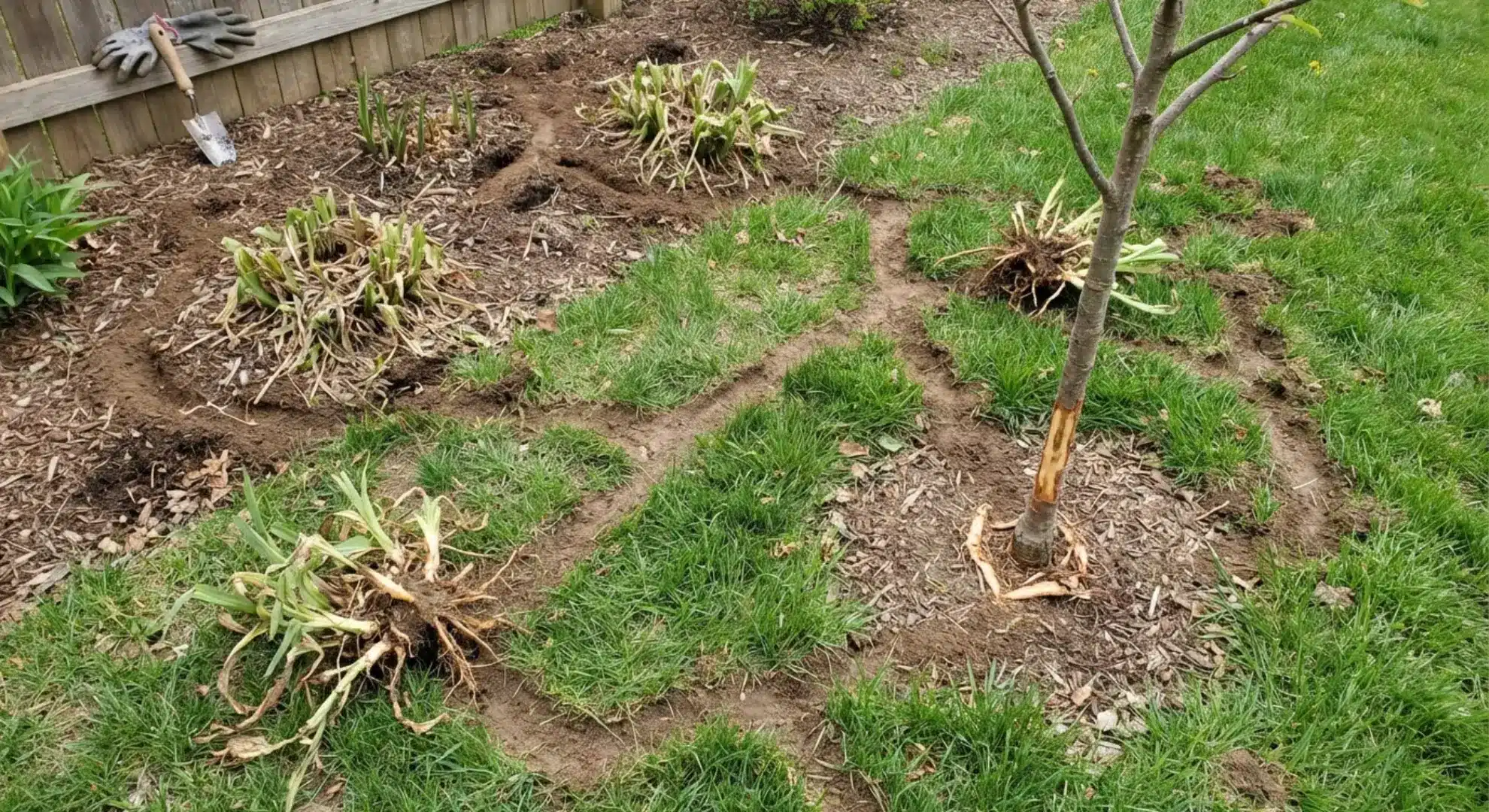 vole damage showing surface trails, chewed plants with damaged roots, and bark stripping on tree