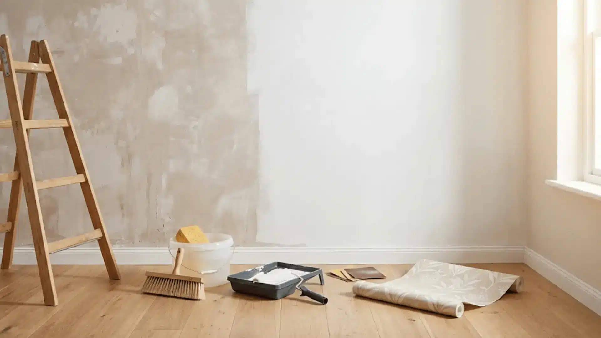 wallpaper installation tools arranged near a textured wall being prepped with primer and sandpaper