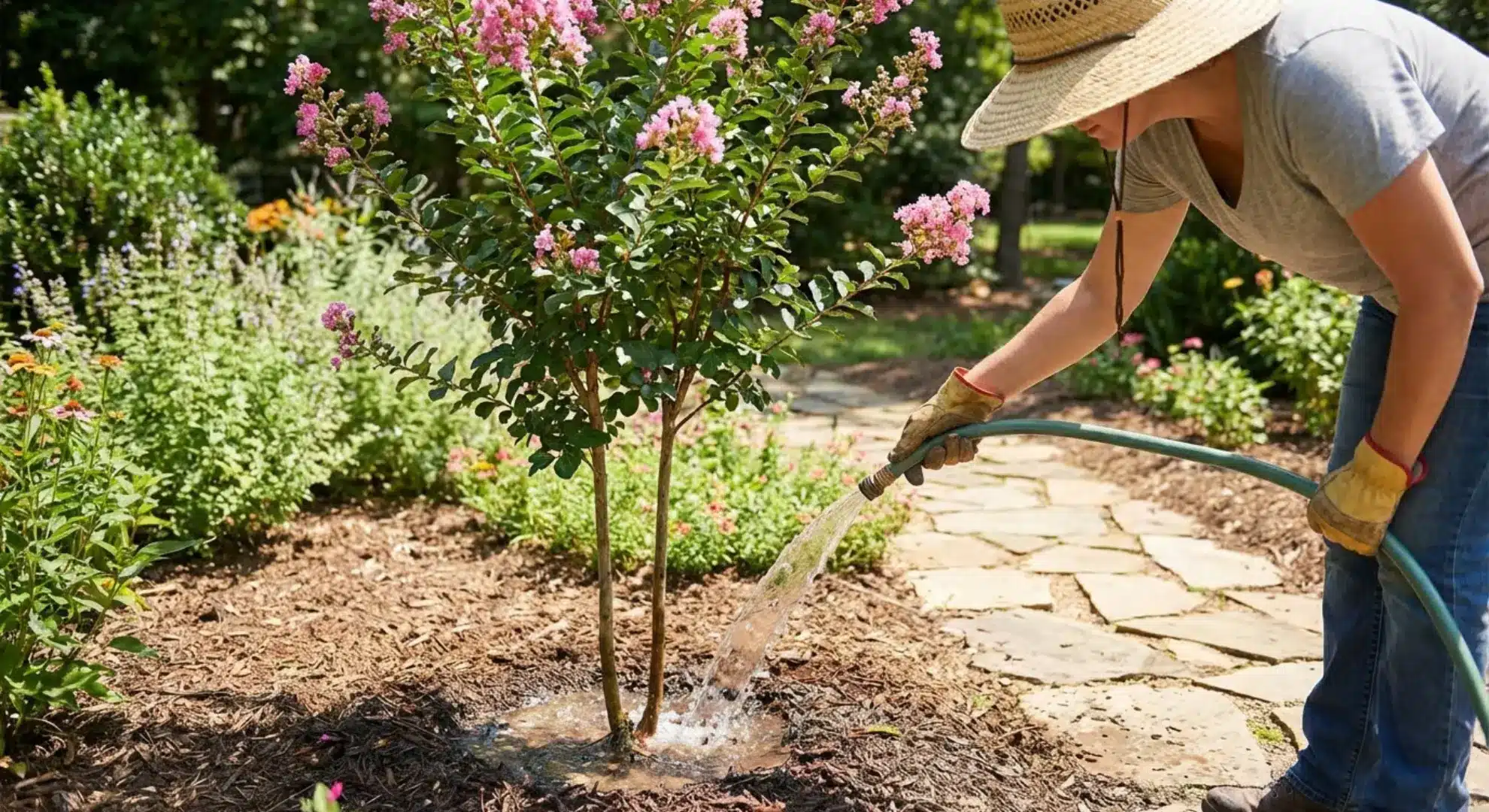 watering crepe myrtle tree at base with garden hose