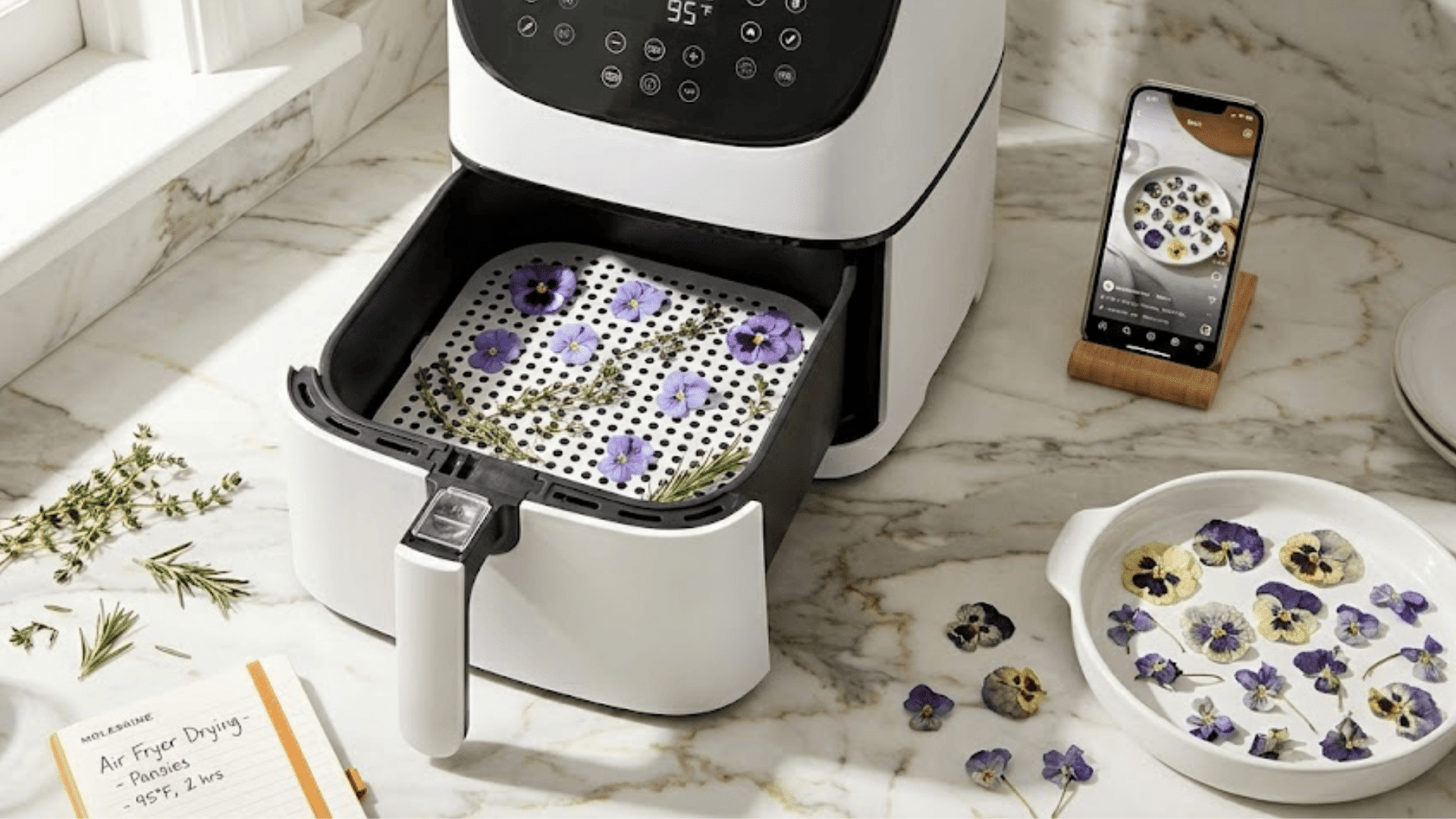 white air fryer basket with purple pansies and violets arranged for trending quick-dry flower method
