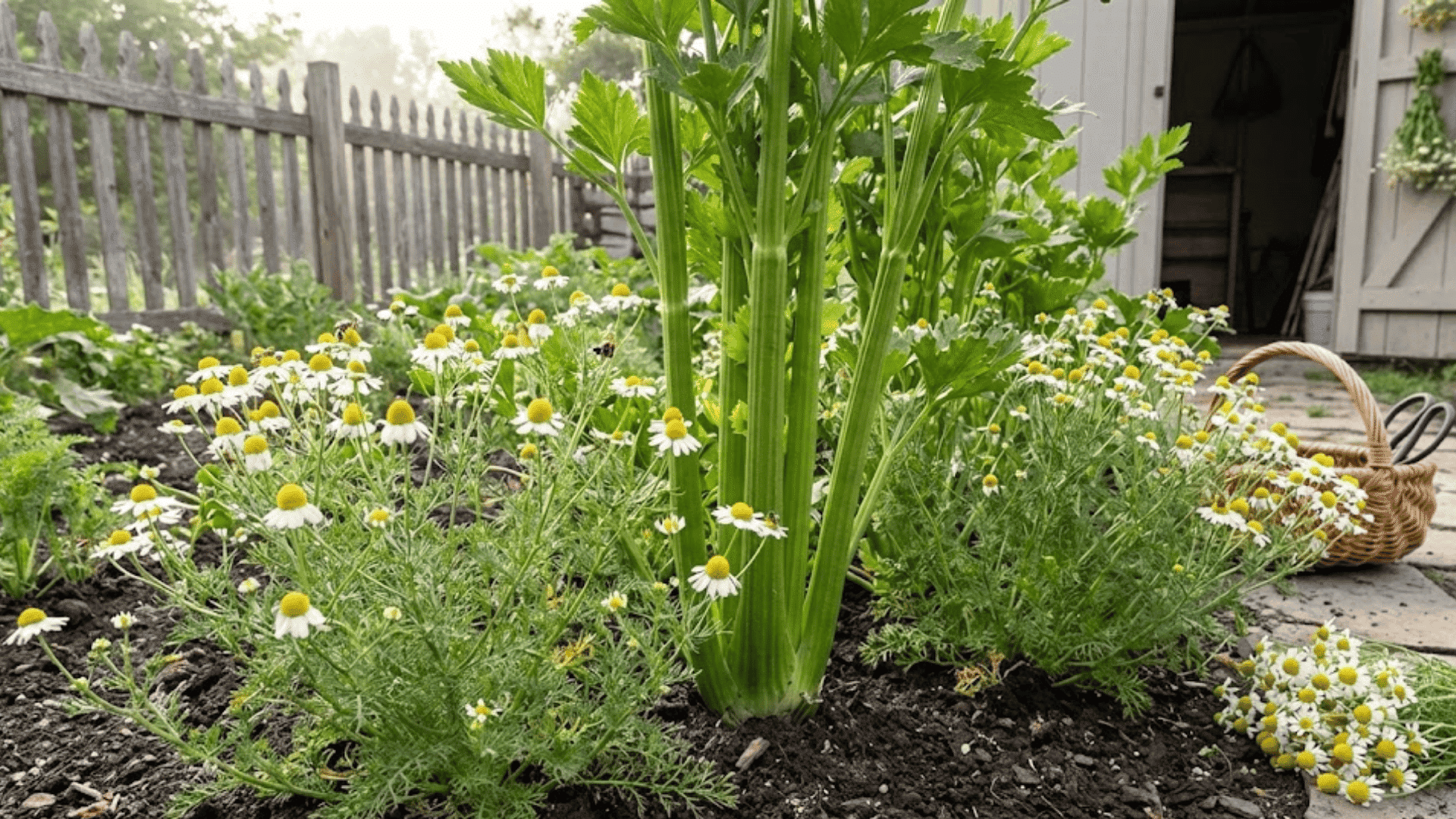 white chamomile flowers growing as groundcover between celery stalks in permaculture companion planting garden