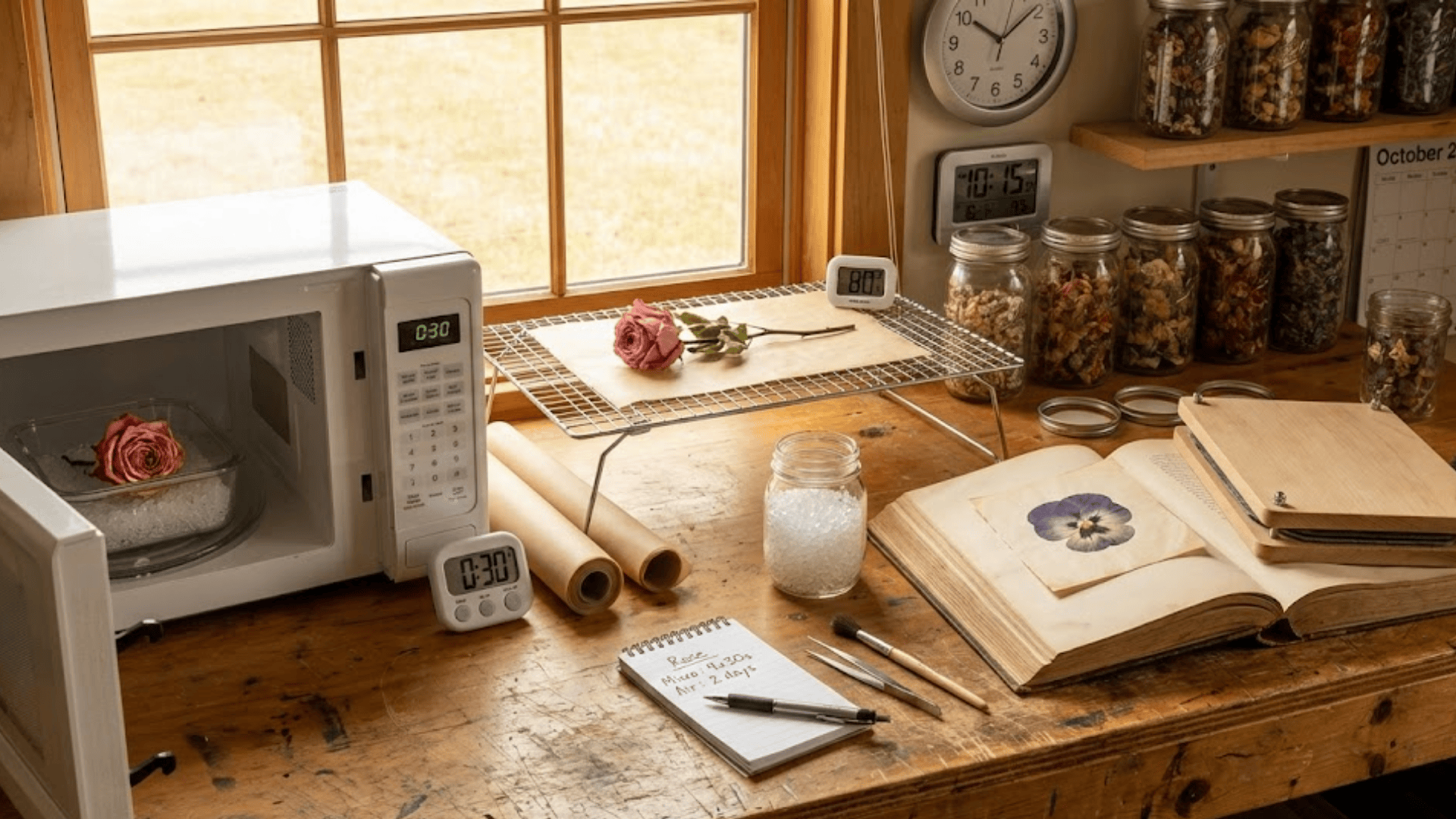 workbench showing hybrid flower drying process with microwave silica gel and pressing techniques combined